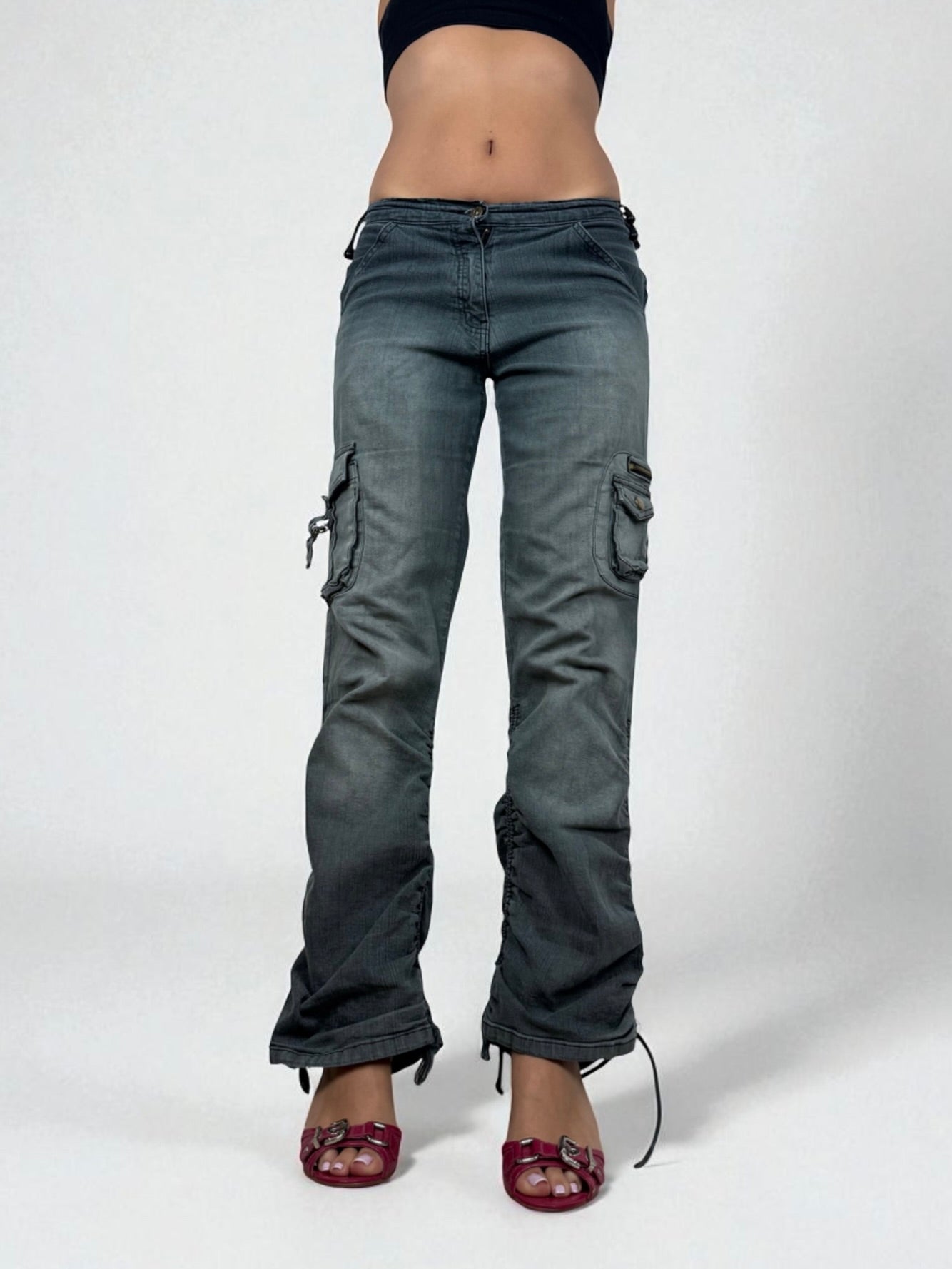 Denim cargo ruched low rise baggy pants (S/M)