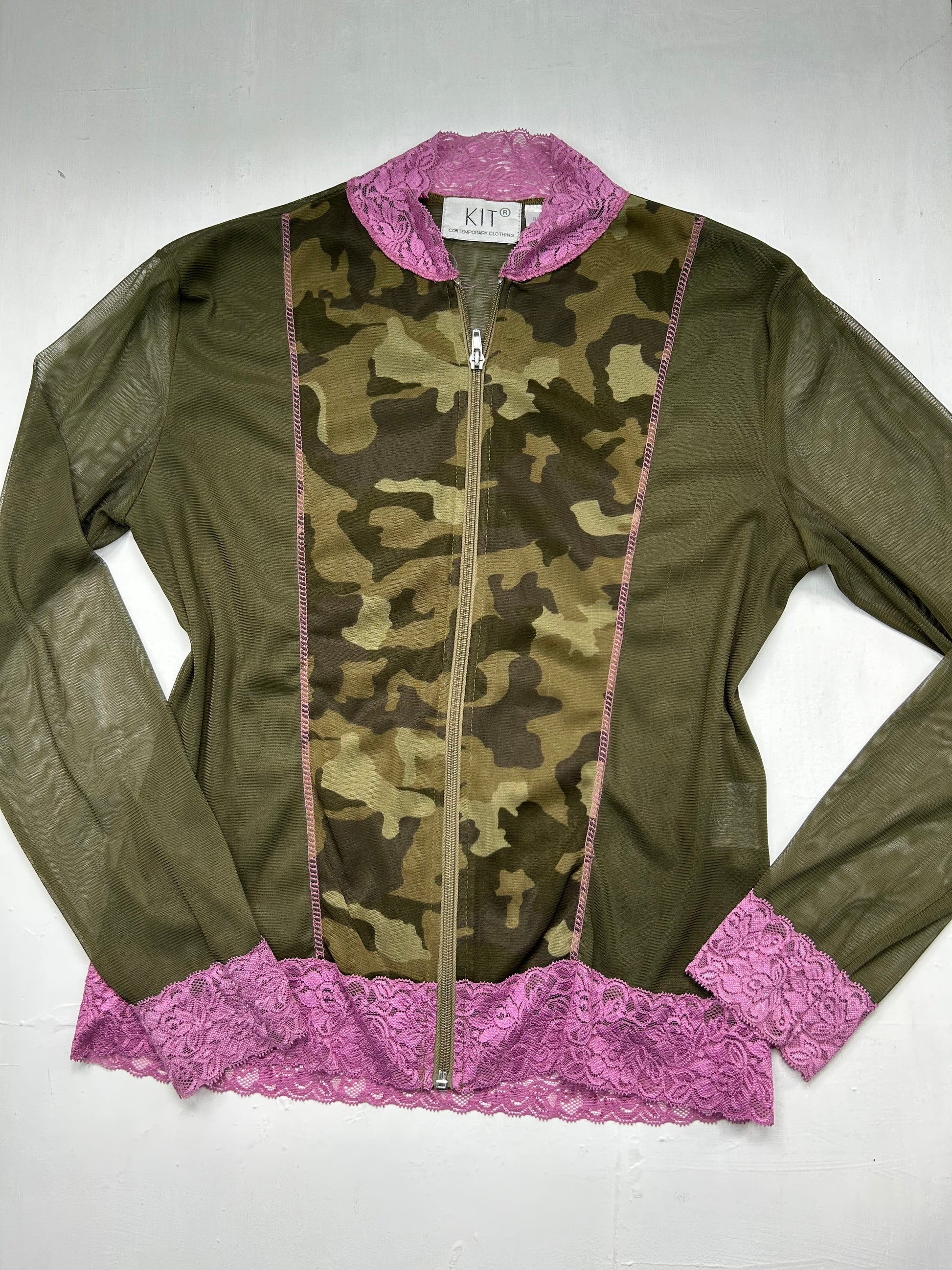 Khaki camo mesh zip up long sleeves top (XL)