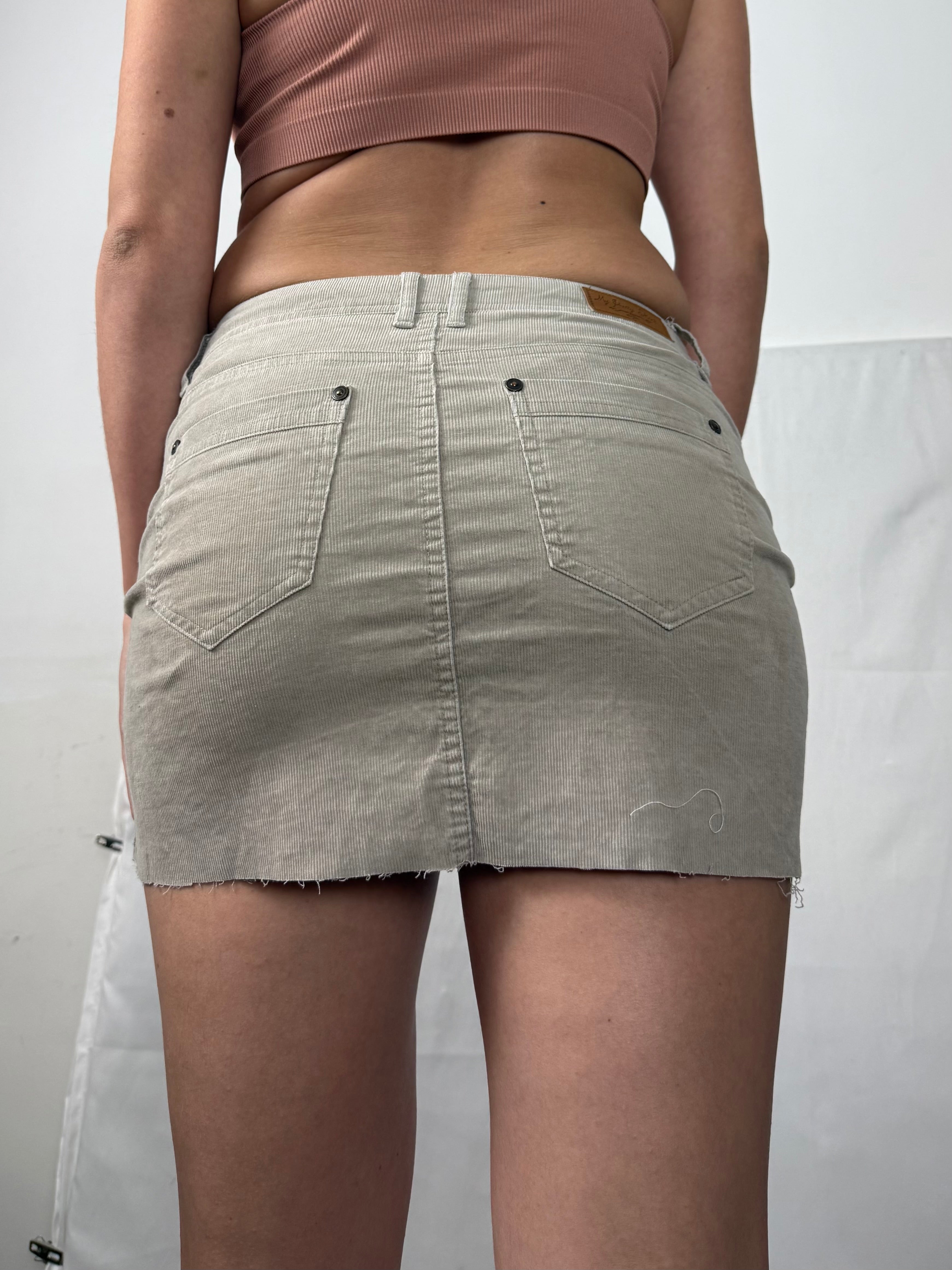Beige ribbed velvet denim low rise mini skirt (S)