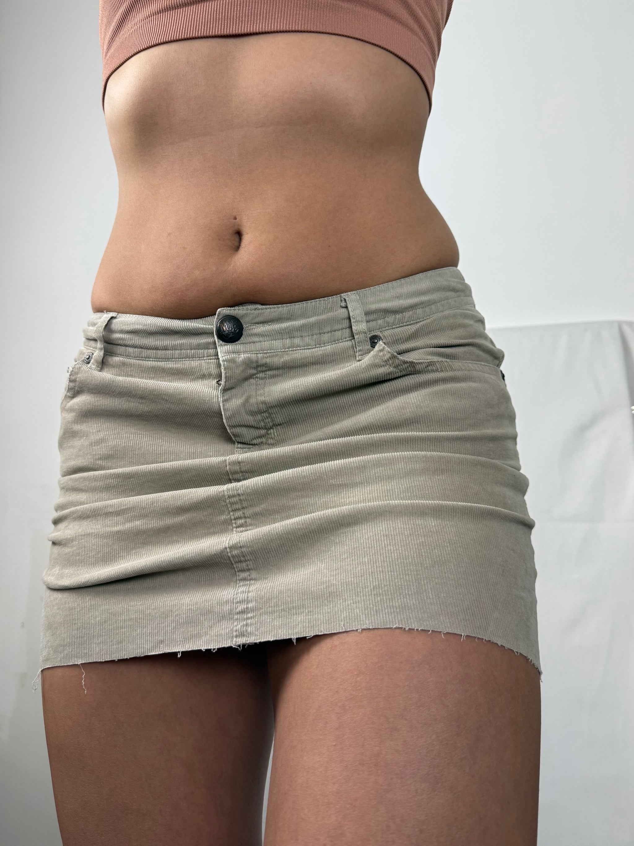 Beige ribbed velvet denim low rise mini skirt (S)