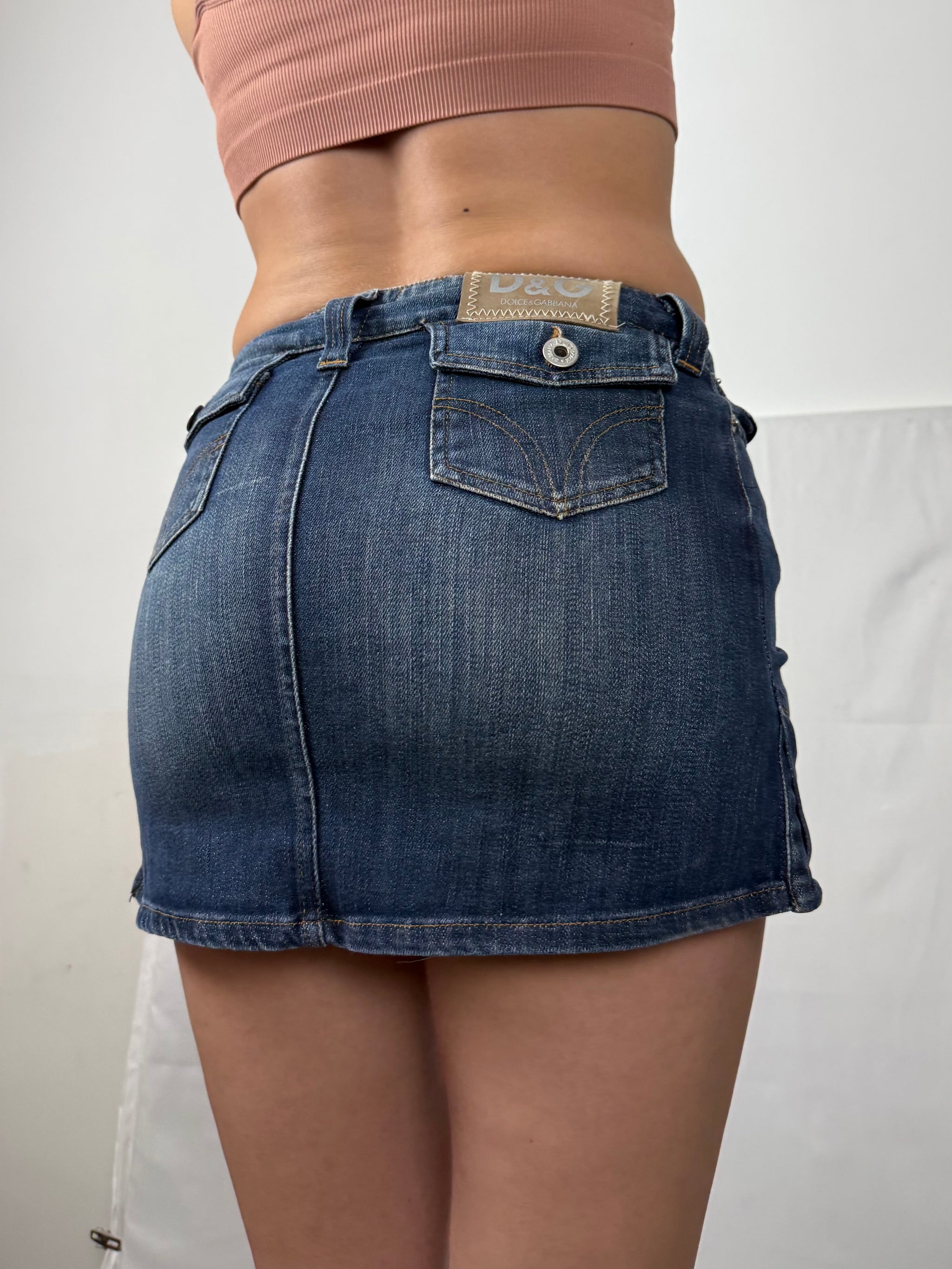 Blue denim low rise mini skirt (XS/S)