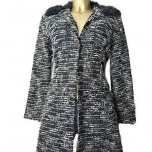 Grey faux fur neck long cardigan (S/M)