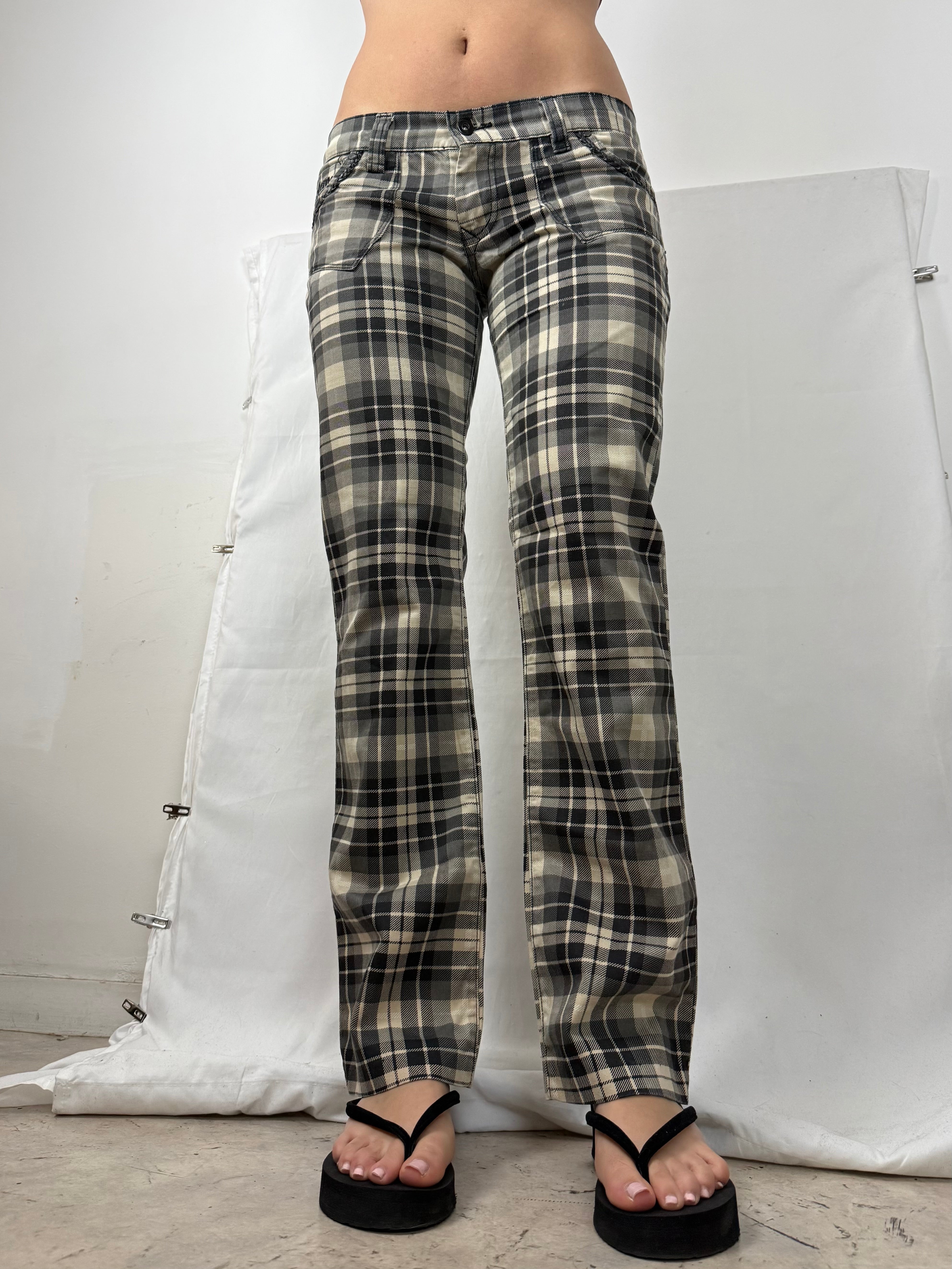 Black check print low waist straight legs denim pants (L)