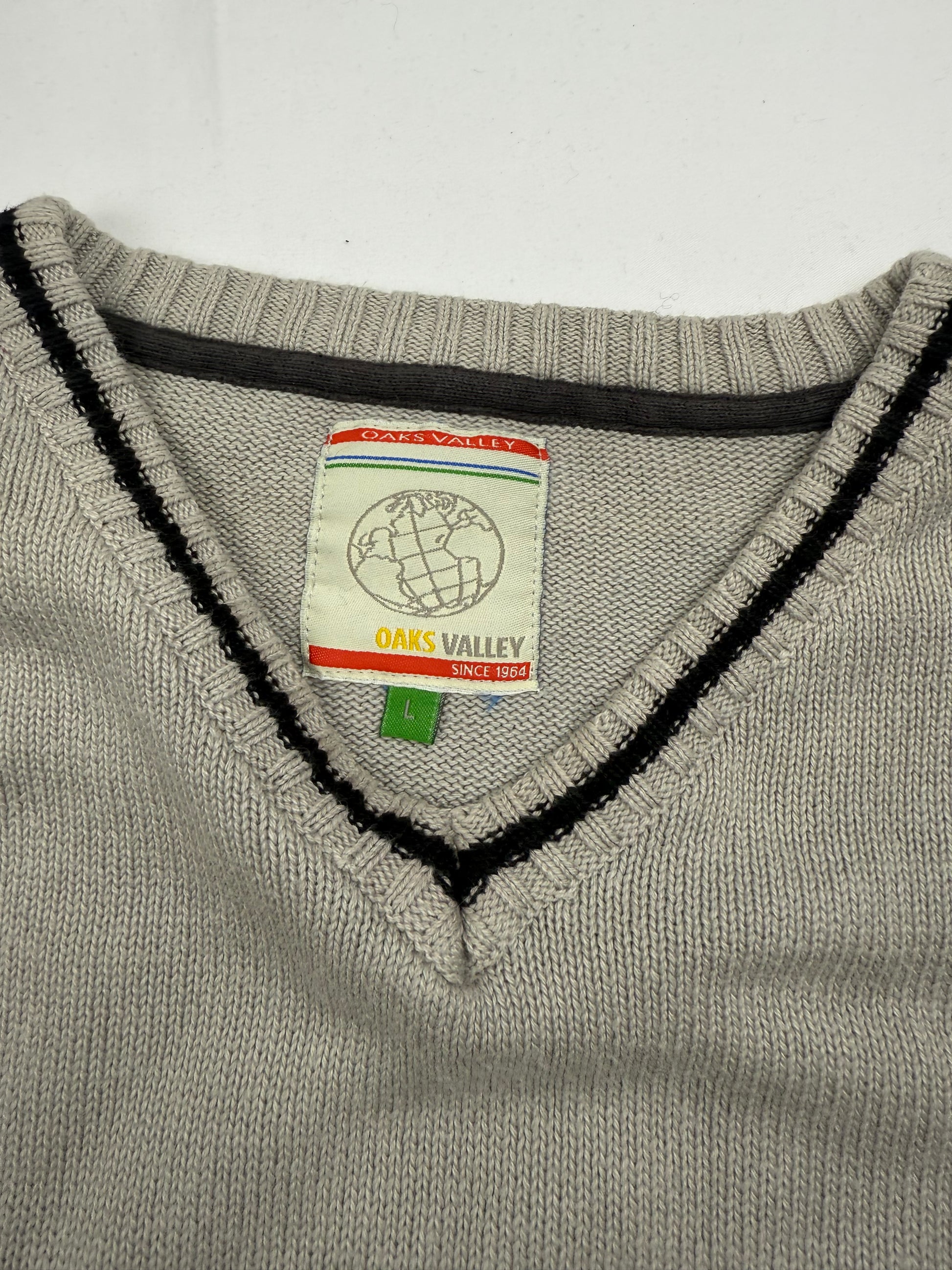 Beige V neck striped 100% cotton jumper (L)