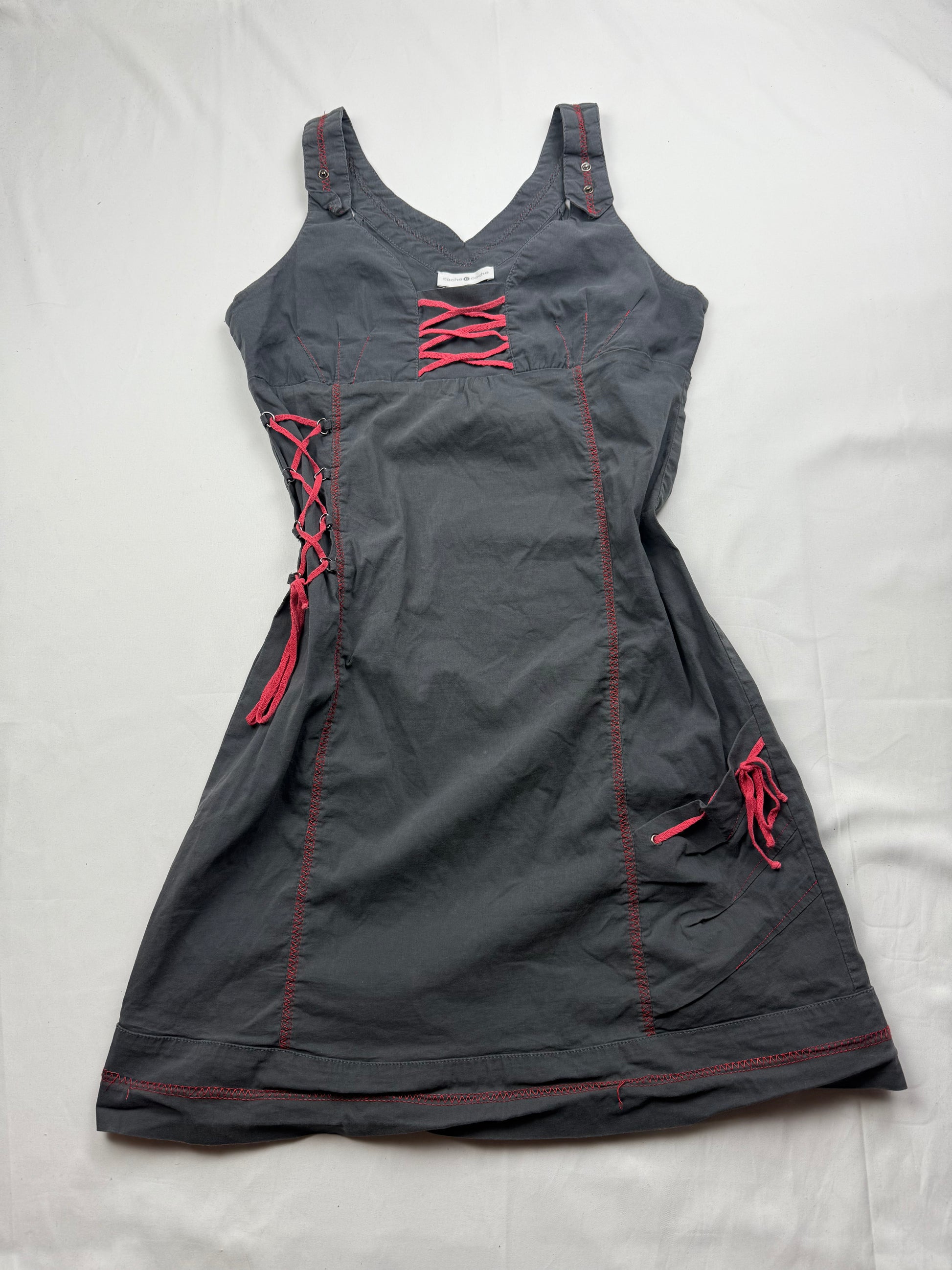 Grey & red lace up utility mini dress (S/M)