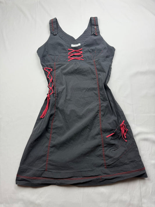 Grey & red lace up utility mini dress (S/M)