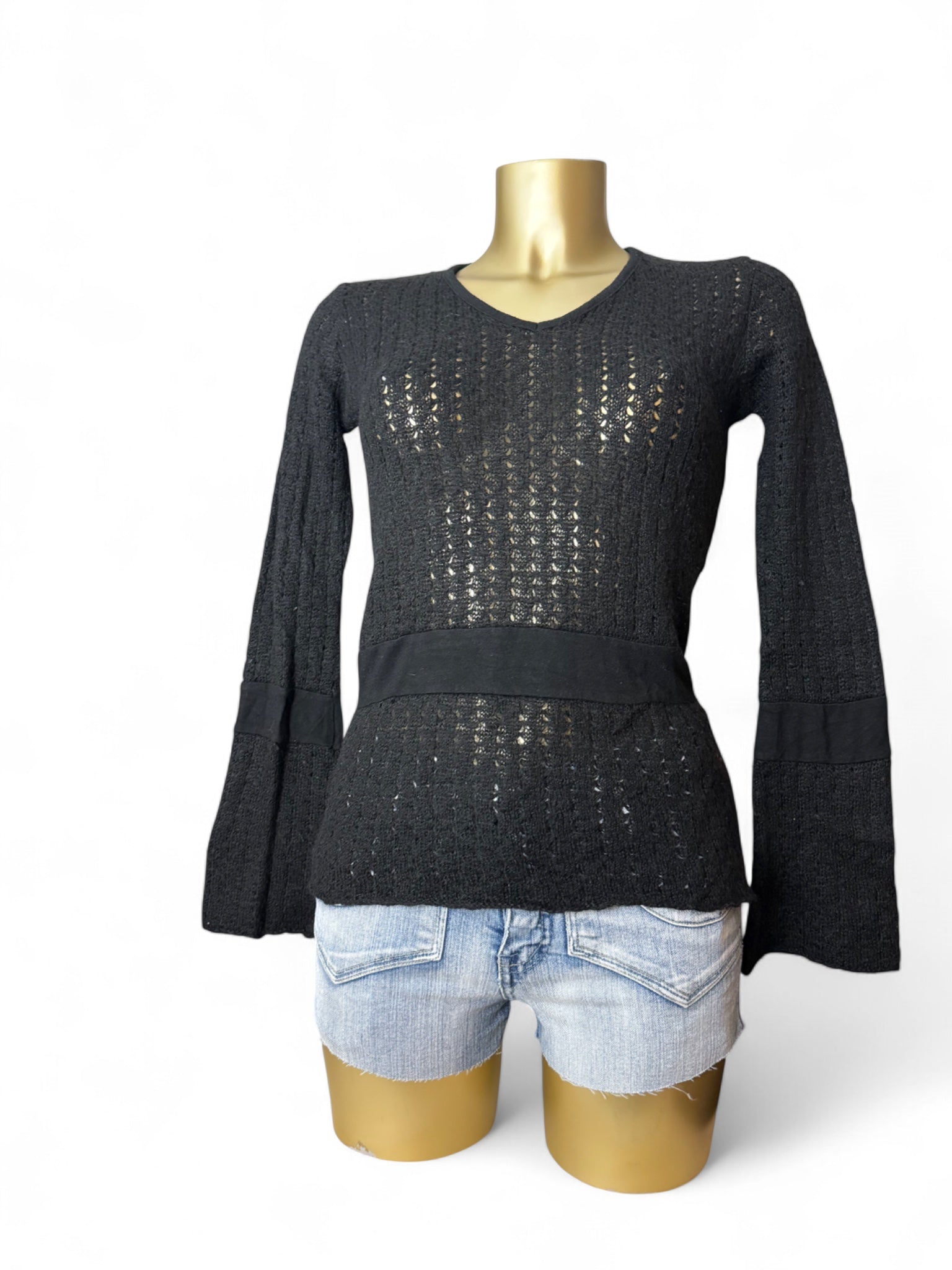 Black crochet tight fit flared sleeves jumper (S)