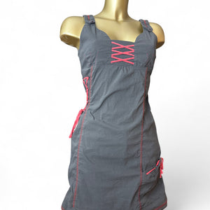 Grey & red lace up utility mini dress (S/M)