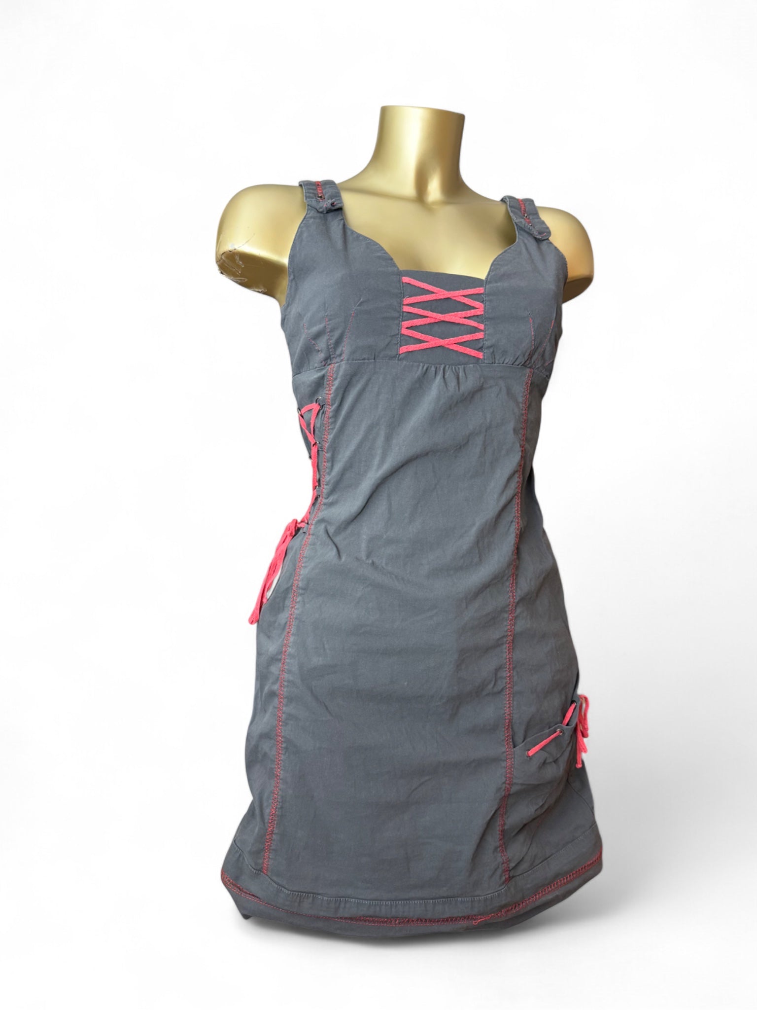Grey & red lace up utility mini dress (S/M)