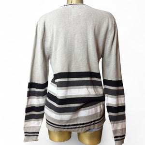 Beige V neck striped 100% cotton jumper (L)