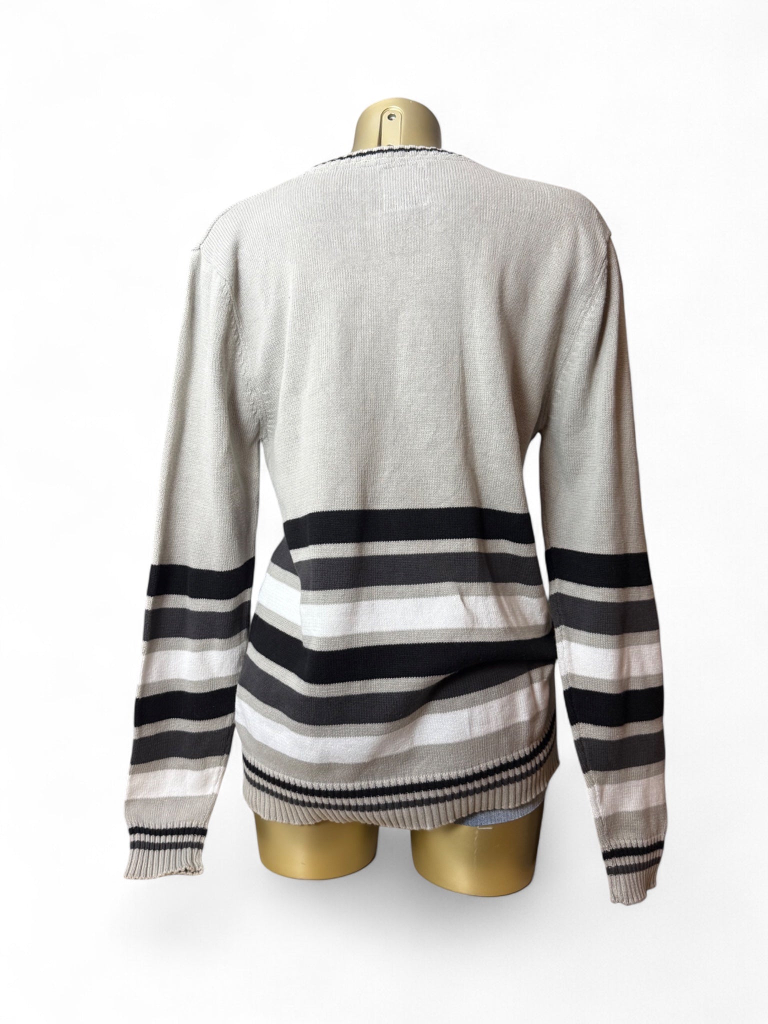 Beige V neck striped 100% cotton jumper (L)
