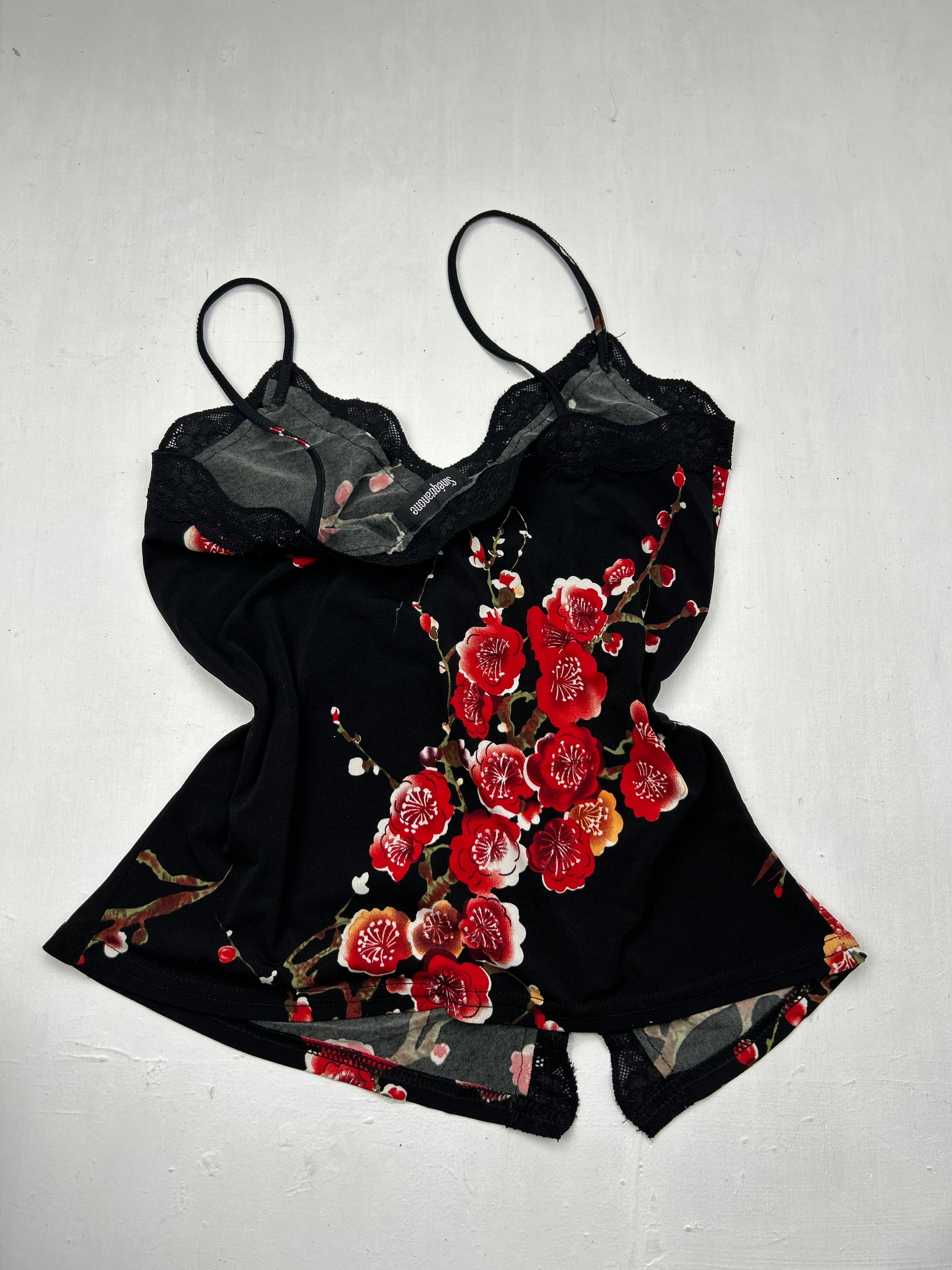 Black floral print asymmetric cami top (S/M)