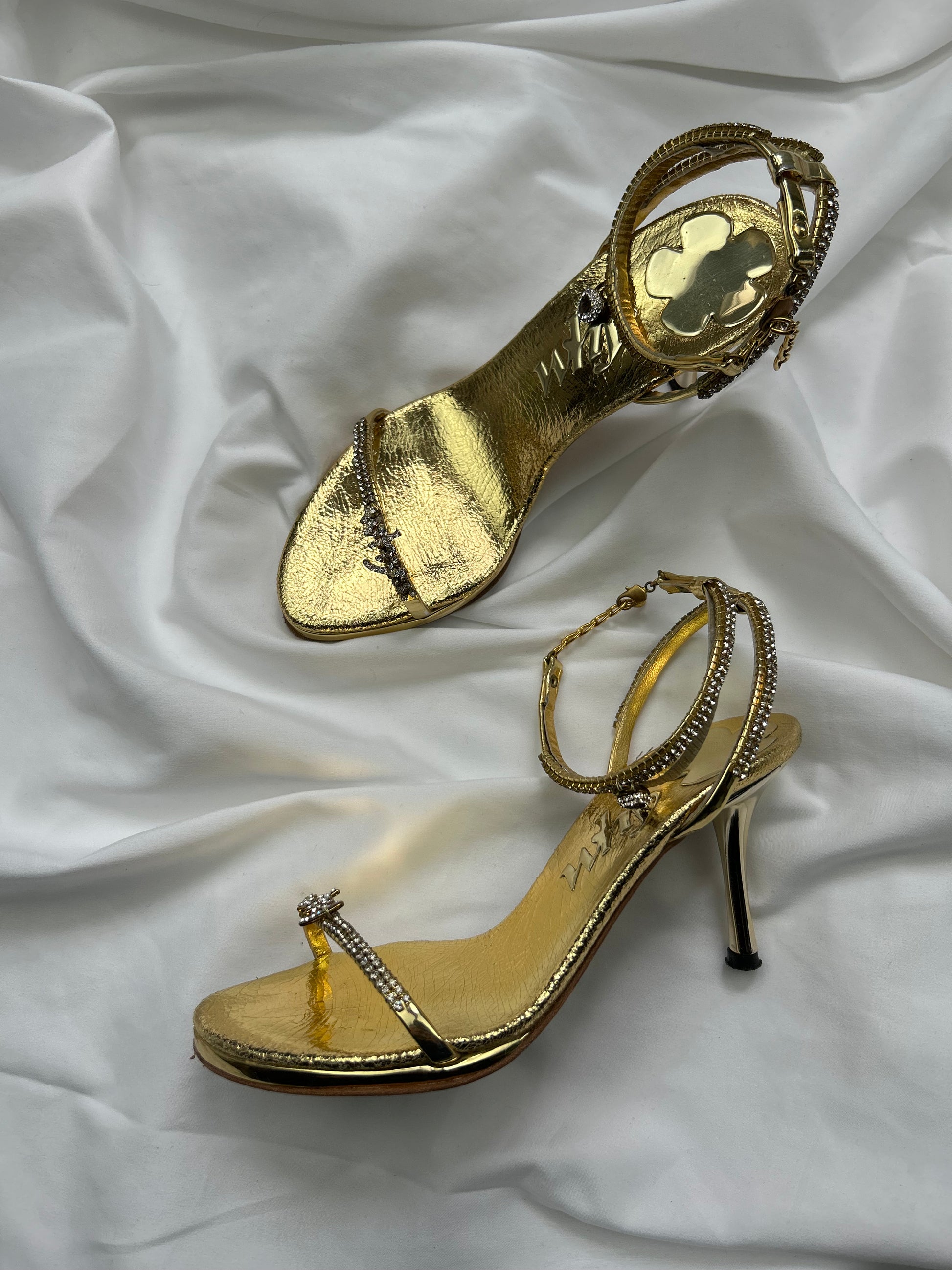 Gold rhinestones 100% real leather heels shoes (36)