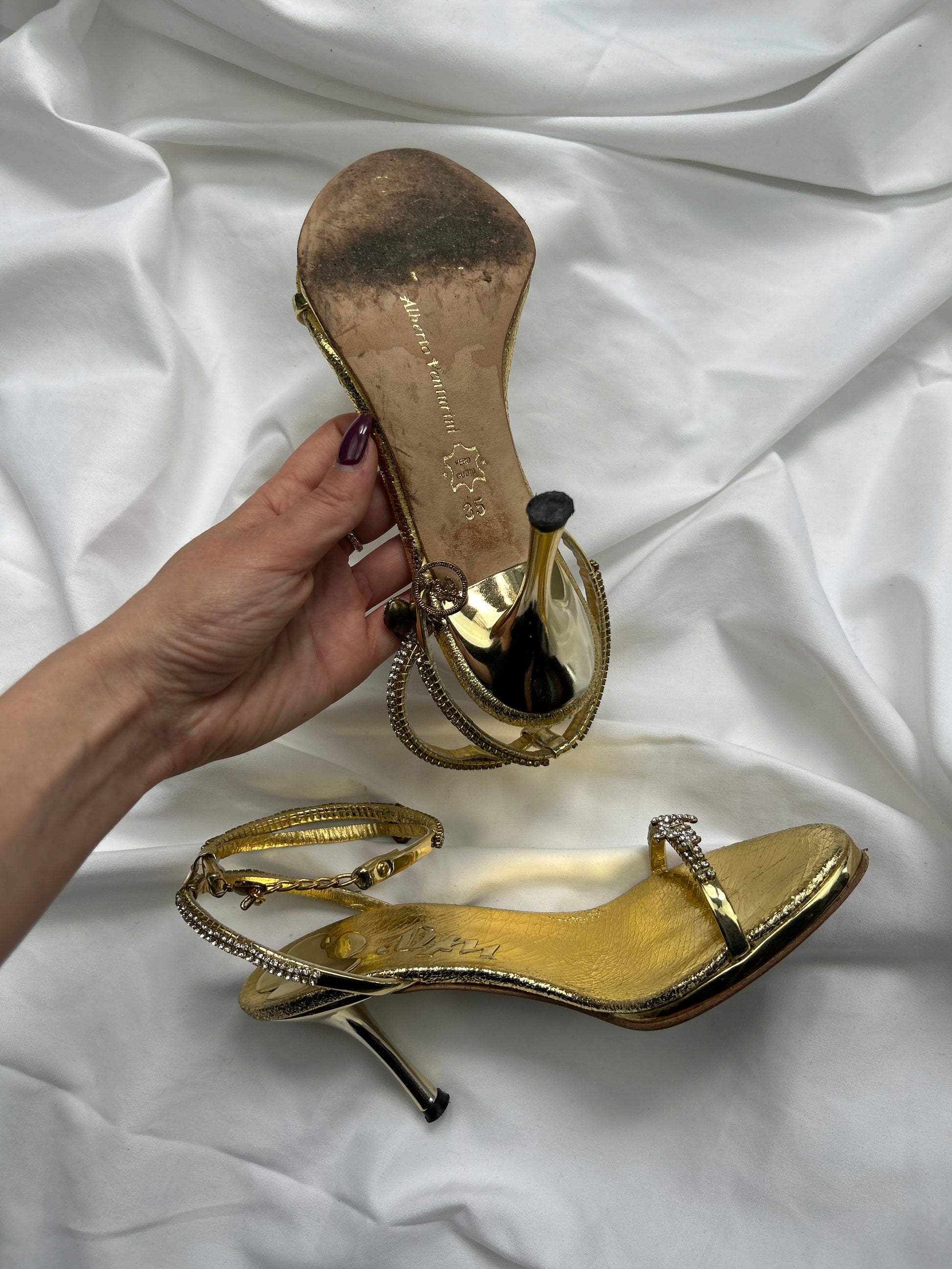 Gold rhinestones 100% real leather heels shoes (36)