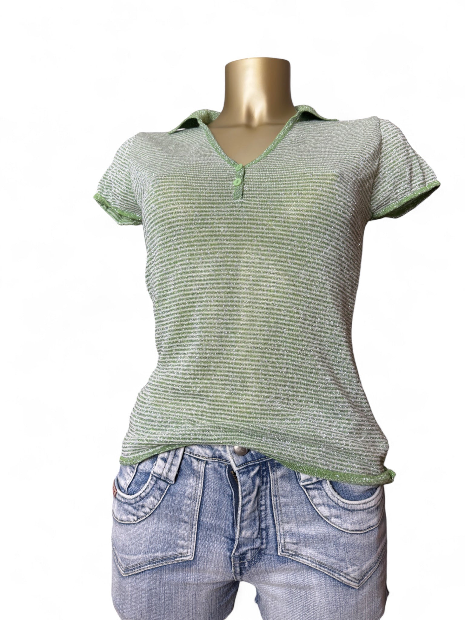 Green striped shinning polo neck tee (M)