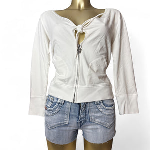 White 100% cotton tie up sweatshirt with pearls logo (XL)
