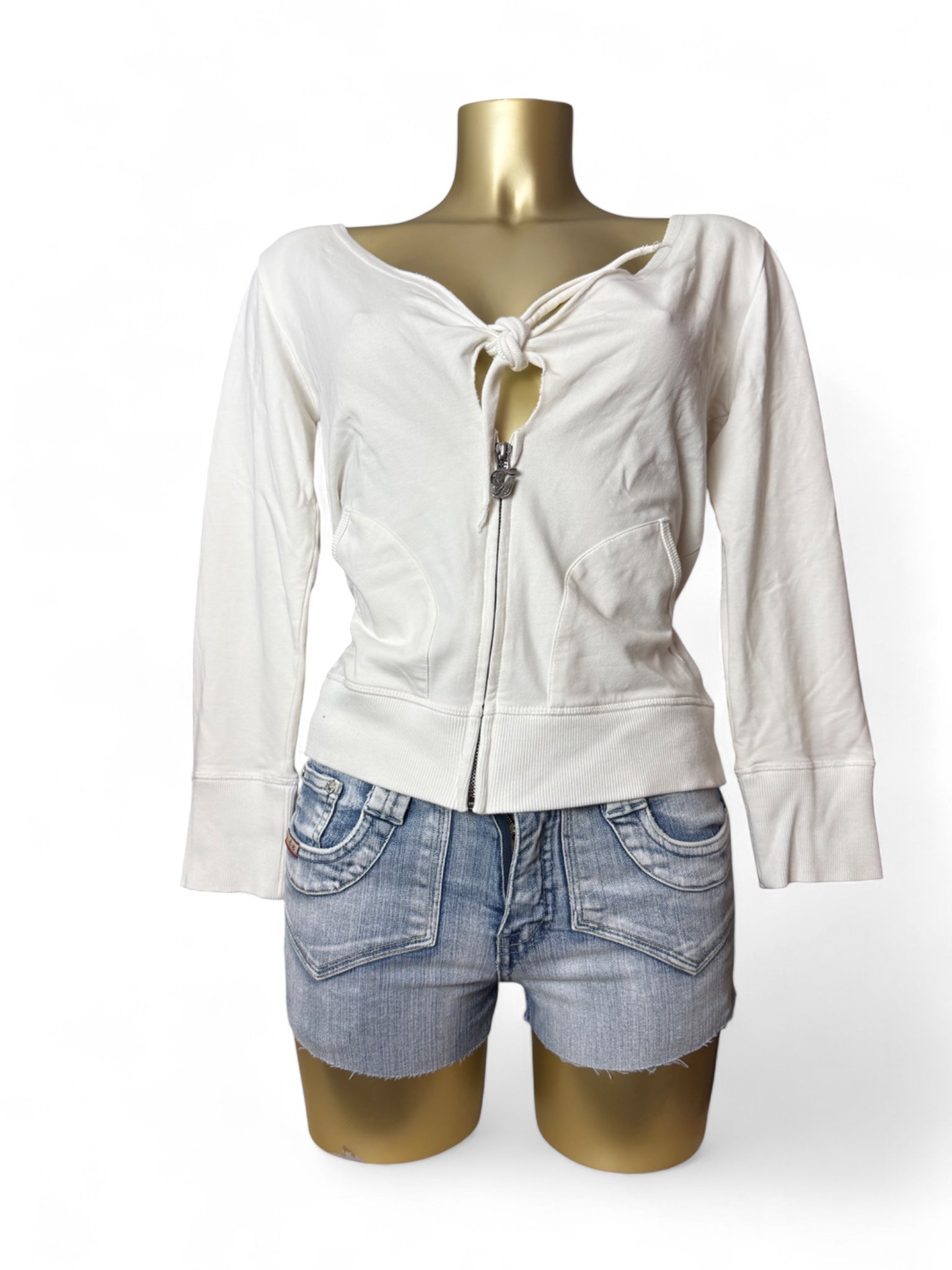 White 100% cotton tie up sweatshirt with pearls logo (XL)