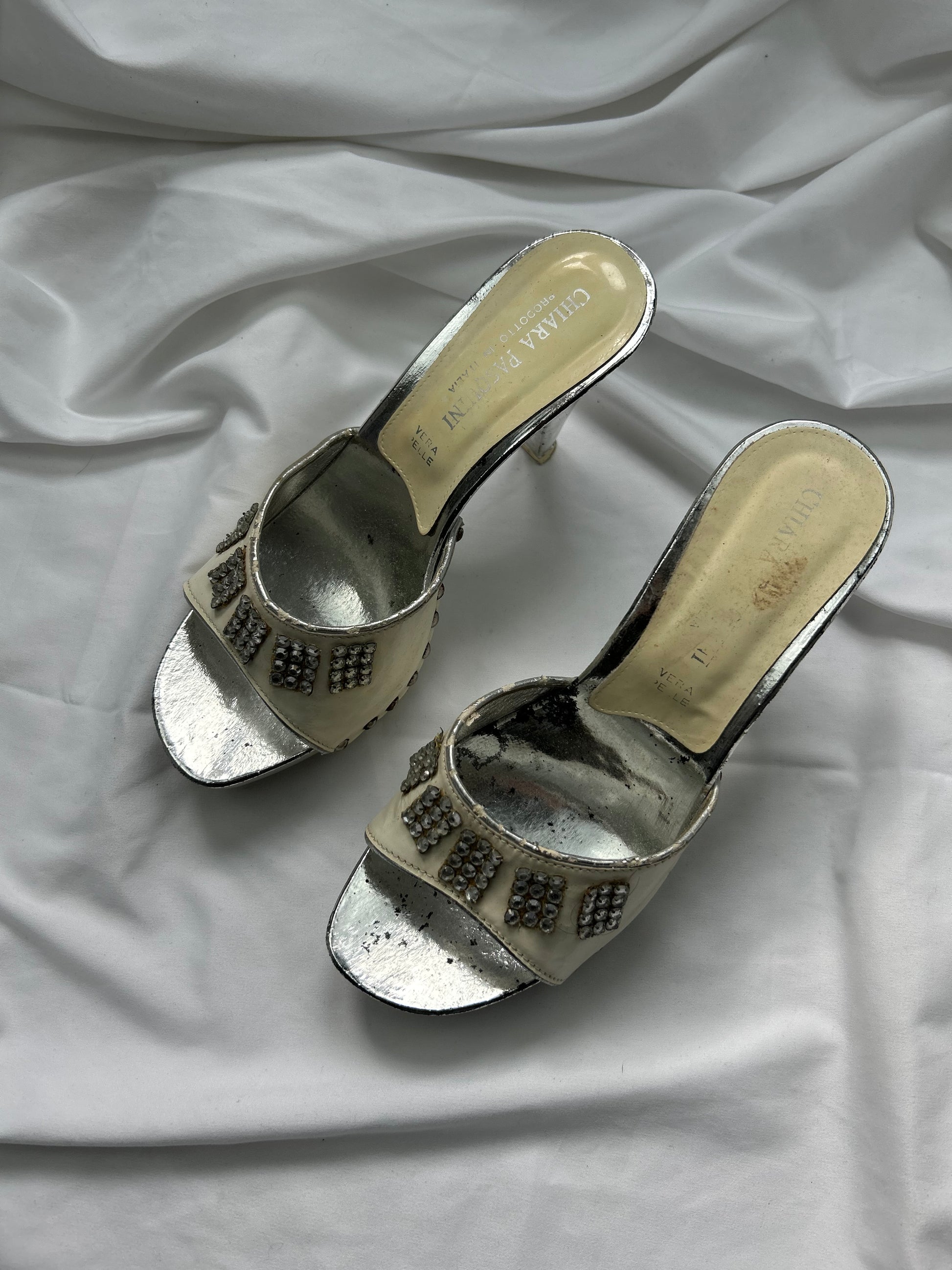 Silver rhinestones 100% real leather heels mules (39)