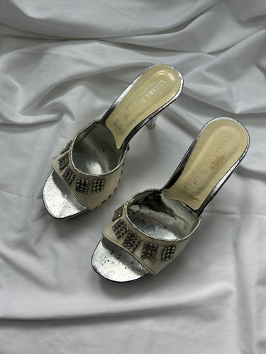 Silver rhinestones 100% real leather heels mules (39)