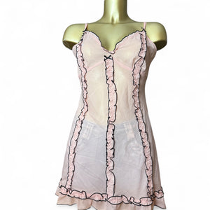 Baby pink mesh lettuce hem babydoll mini dress (XL)