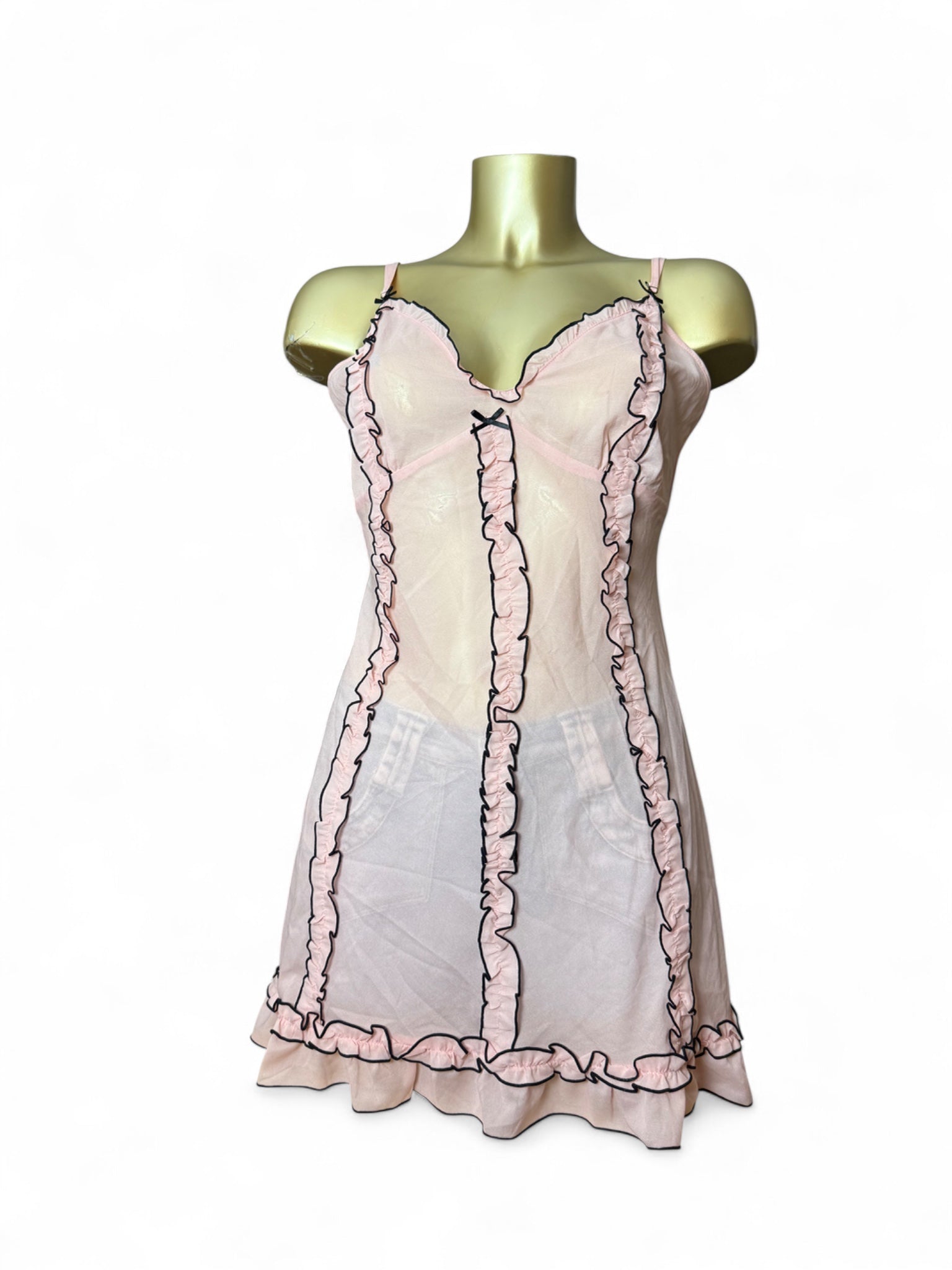Baby pink mesh lettuce hem babydoll mini dress (XL)