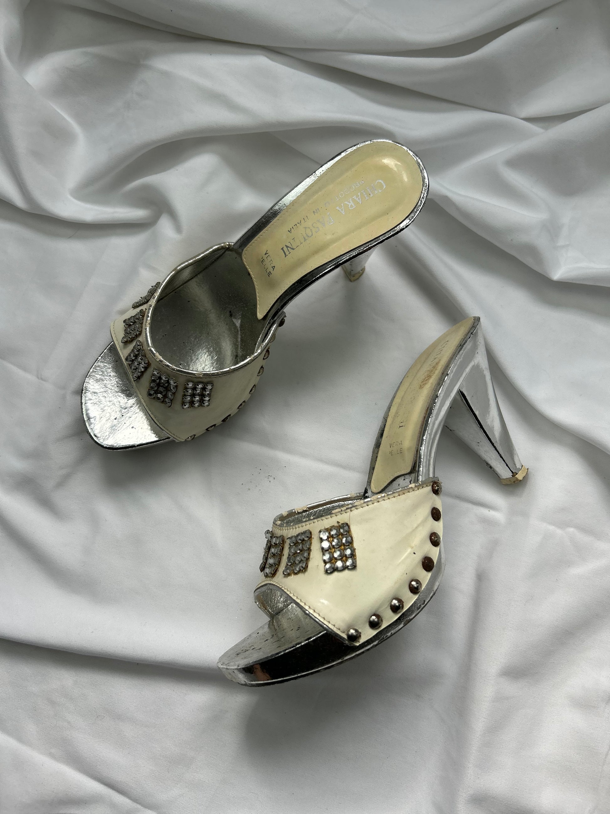 Silver rhinestones 100% real leather heels mules (39)