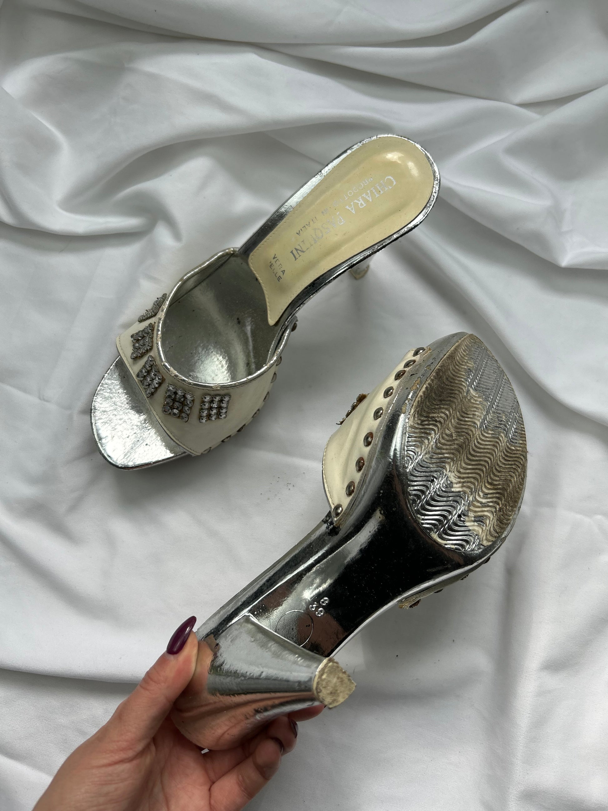 Silver rhinestones 100% real leather heels mules (39)