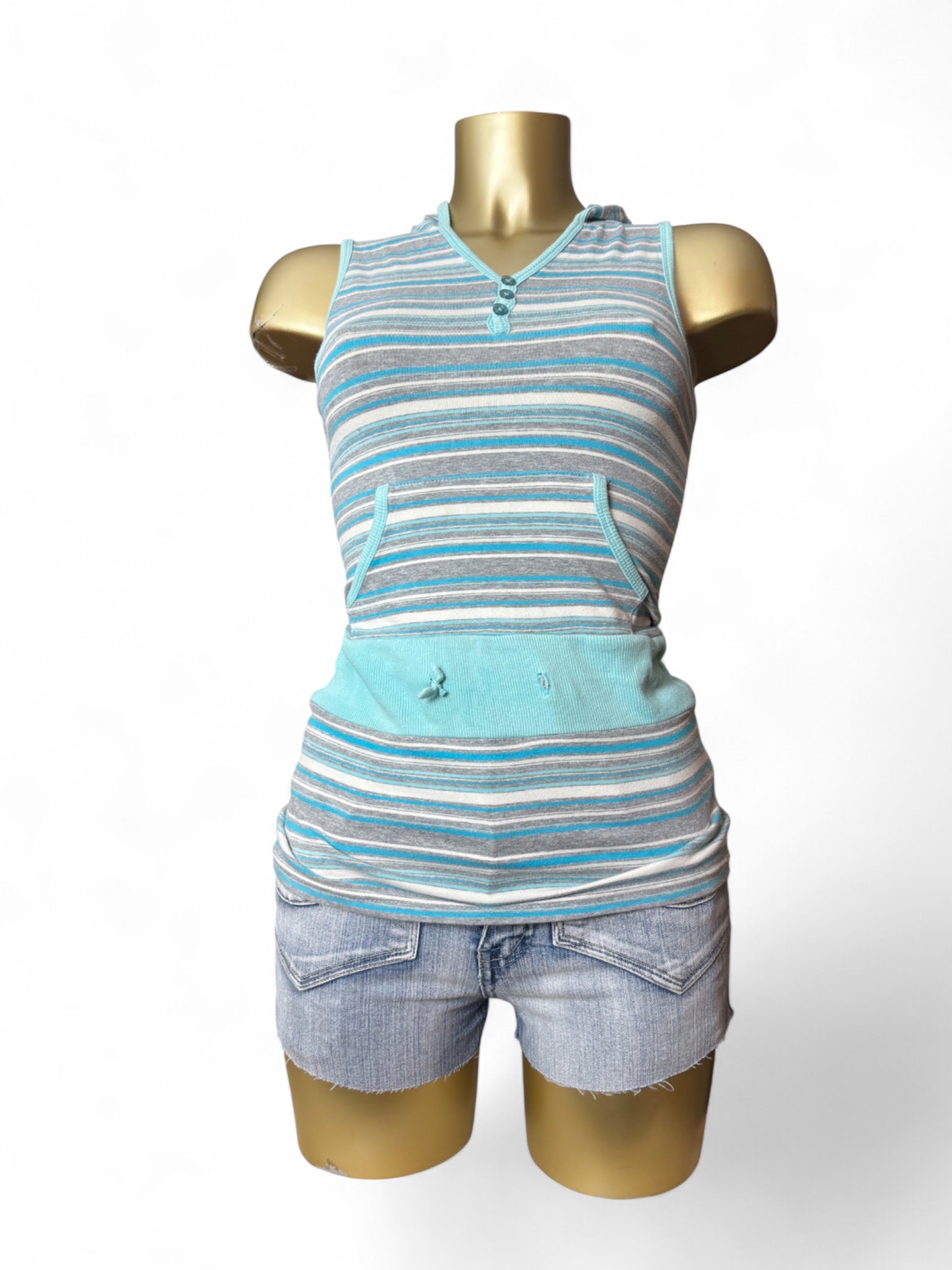 Grey striped 100% cotton sleeveless hooded top (XS)