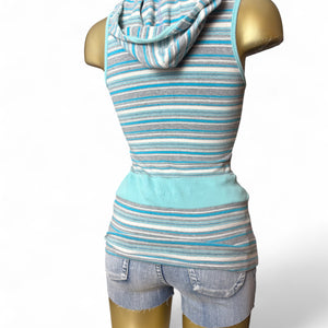 Grey striped 100% cotton sleeveless hooded top (XS)