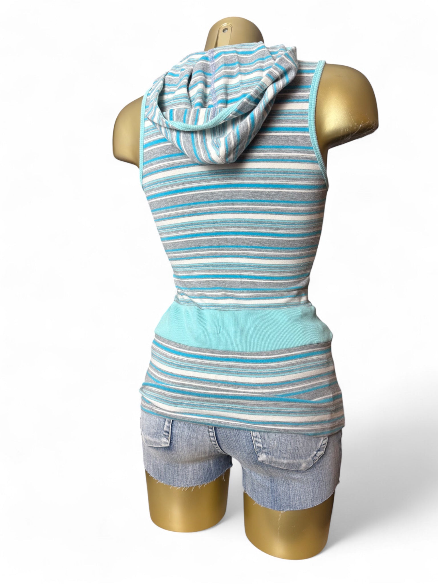 Grey striped 100% cotton sleeveless hooded top (XS)