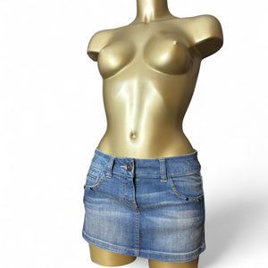 Blue low rise denim mini skirt (XS)