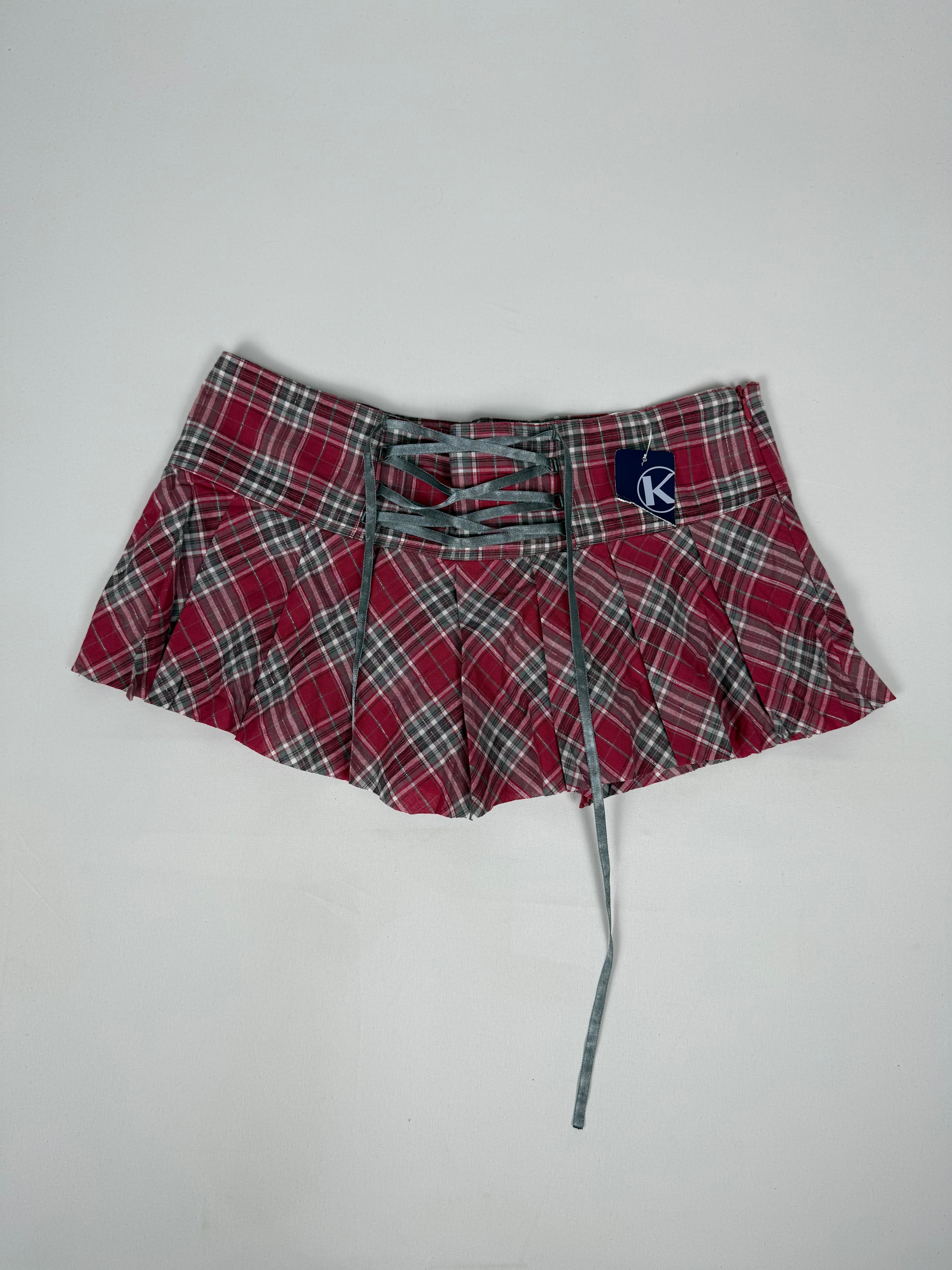 Red check print lace up mini skirt (S)