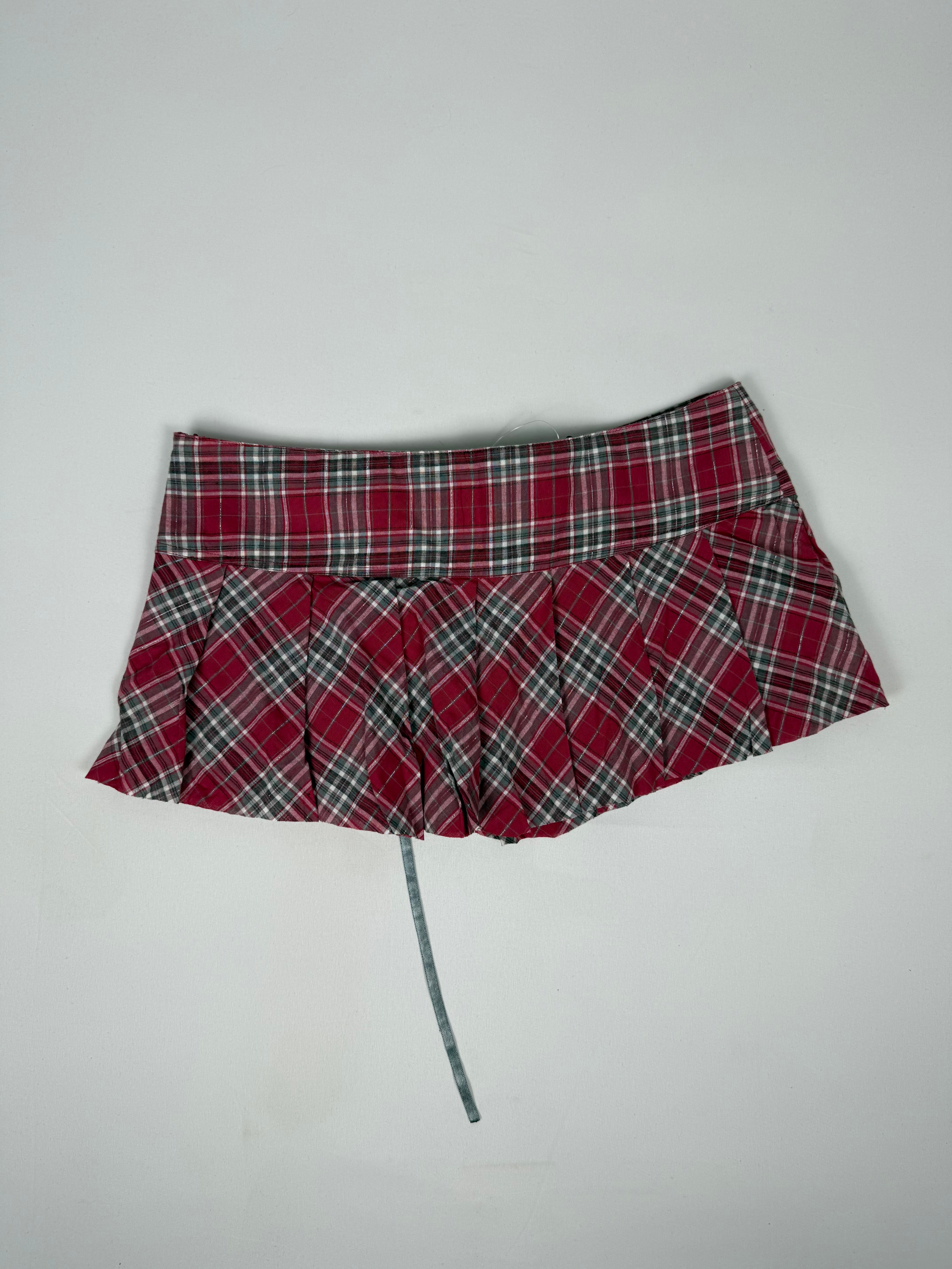 Red check print lace up mini skirt (S)