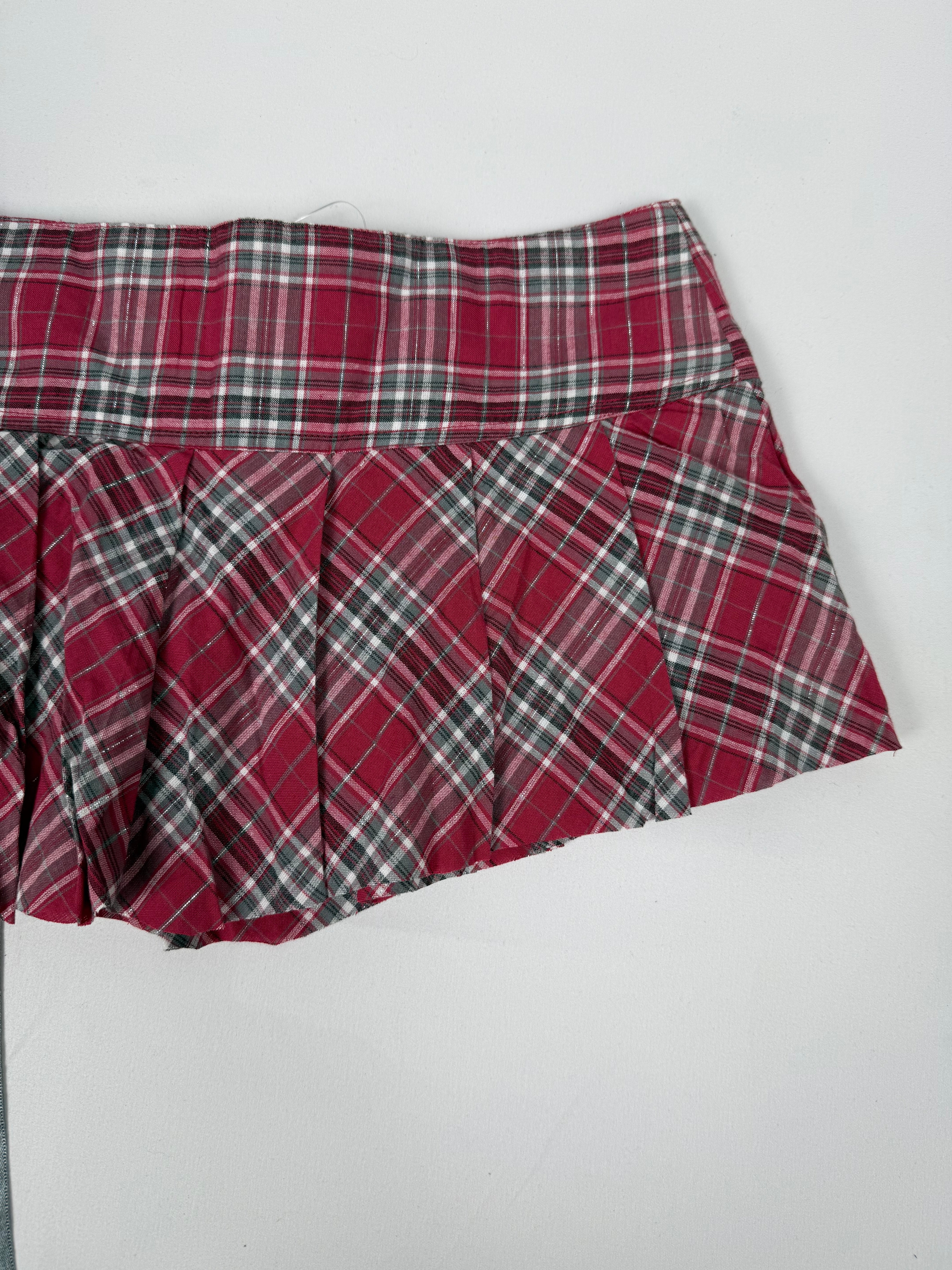 Red check print lace up mini skirt (S)