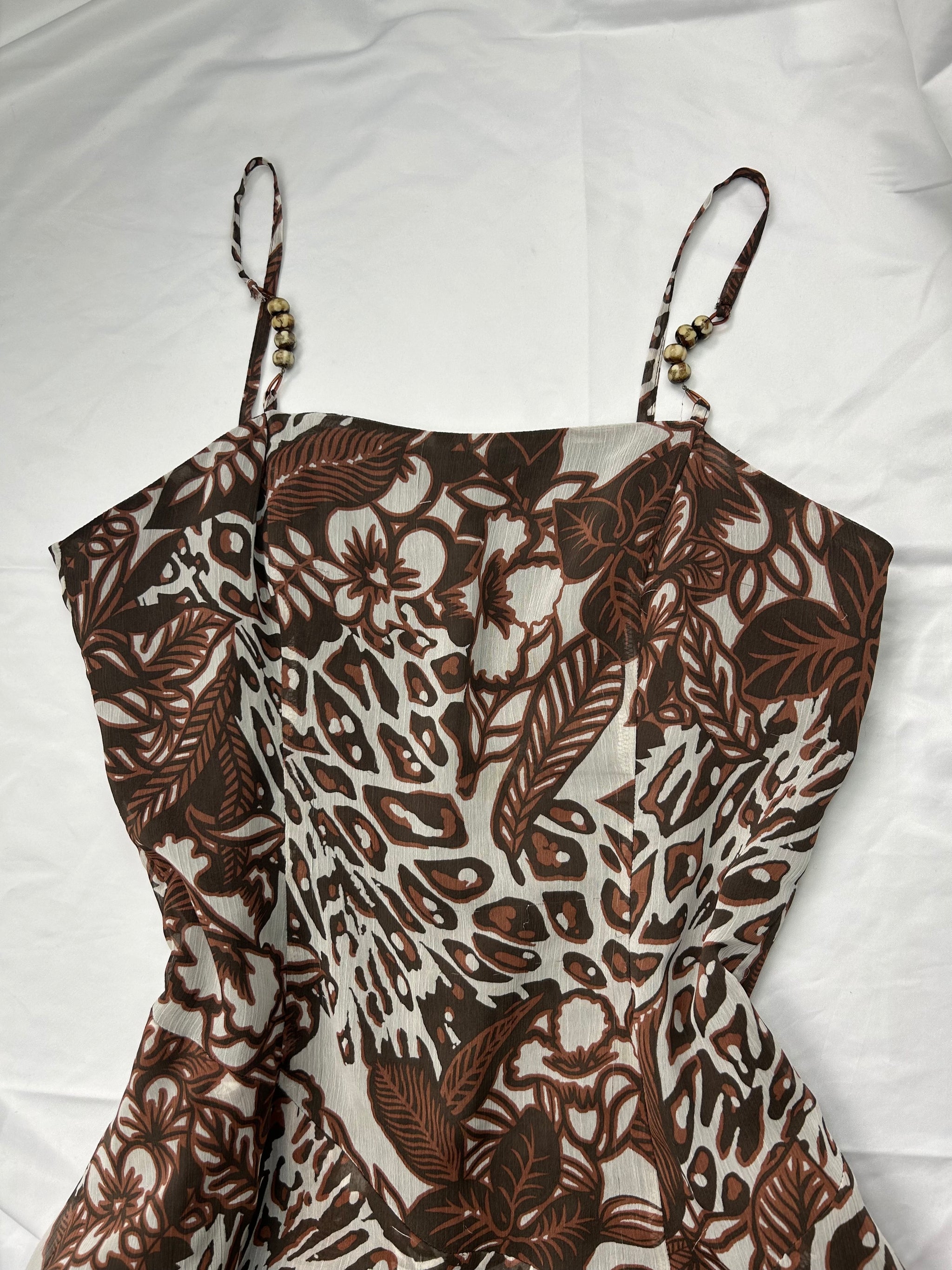 Beige graphic print mesh lined asymmetric dress (L)