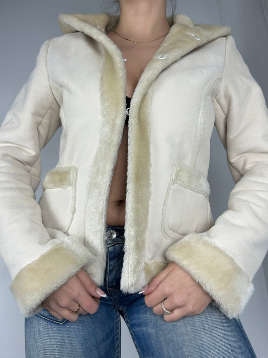 White cream faux fur suede jacket (S/M)