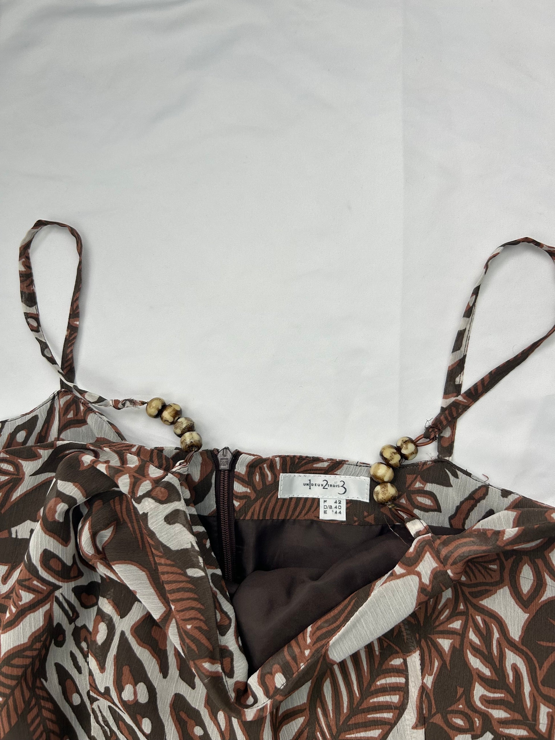 Beige graphic print mesh lined asymmetric dress (L)