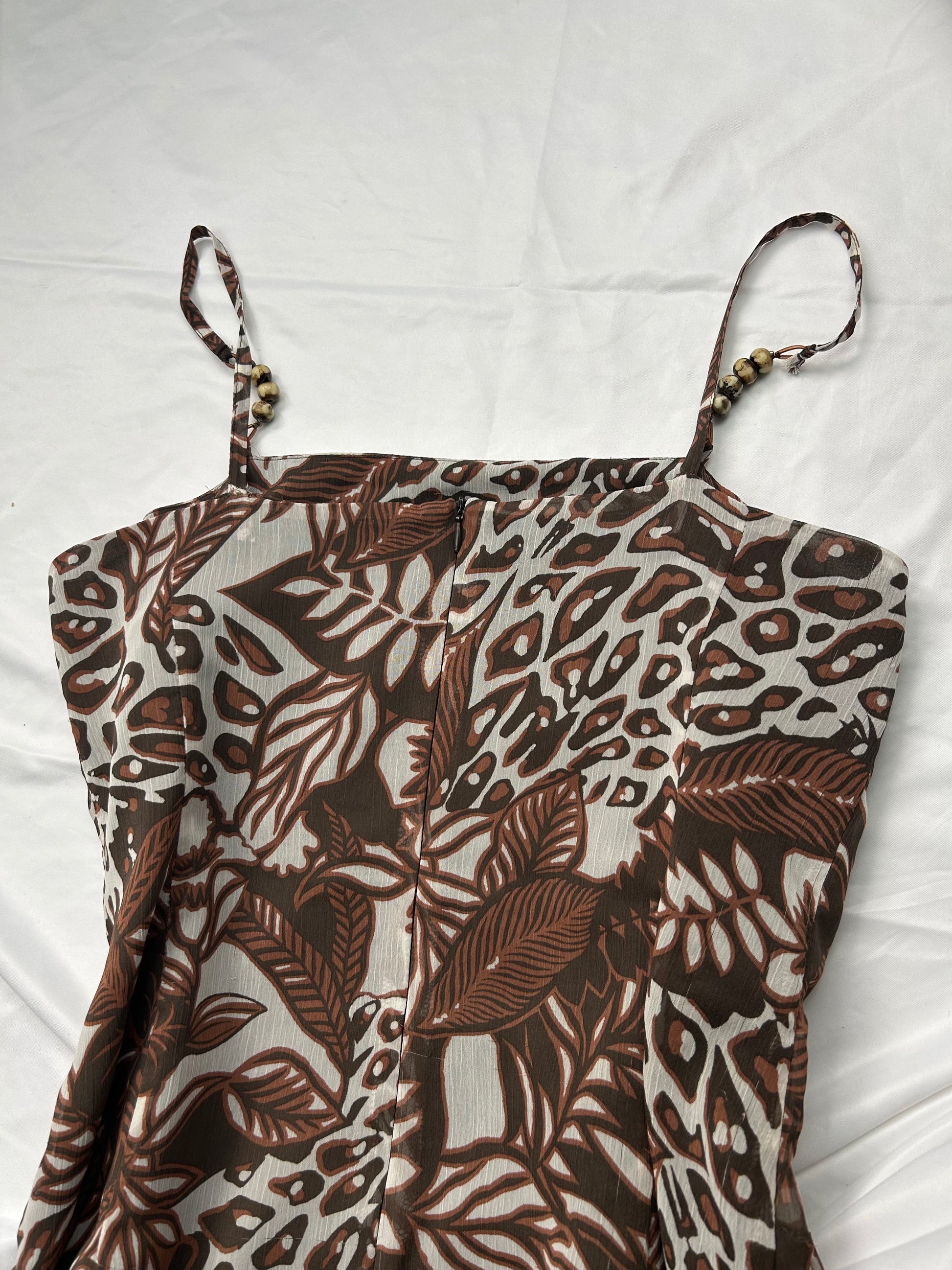 Beige graphic print mesh lined asymmetric dress (L)