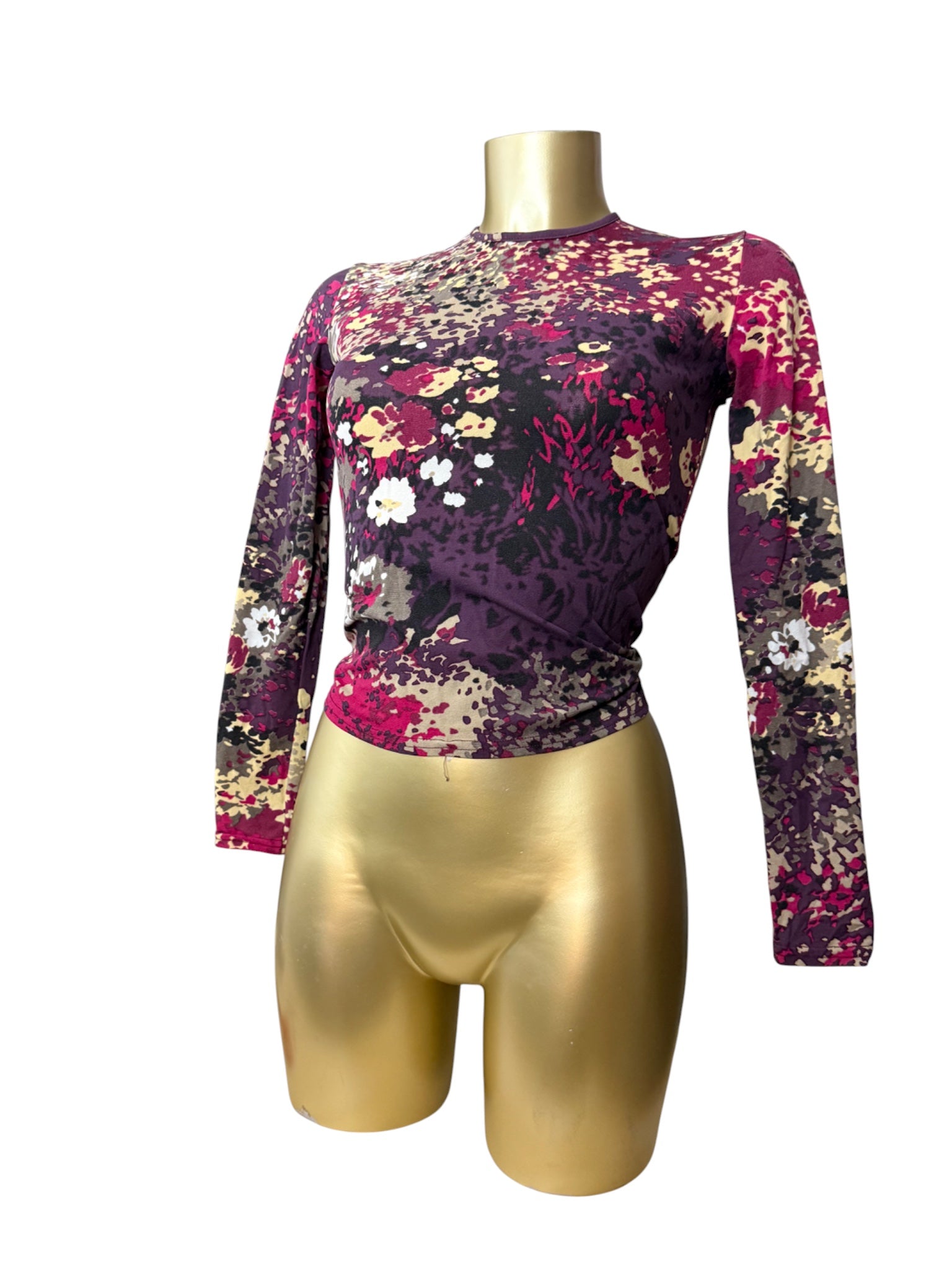 Burgundy floral tight fit long sleeves top (S)