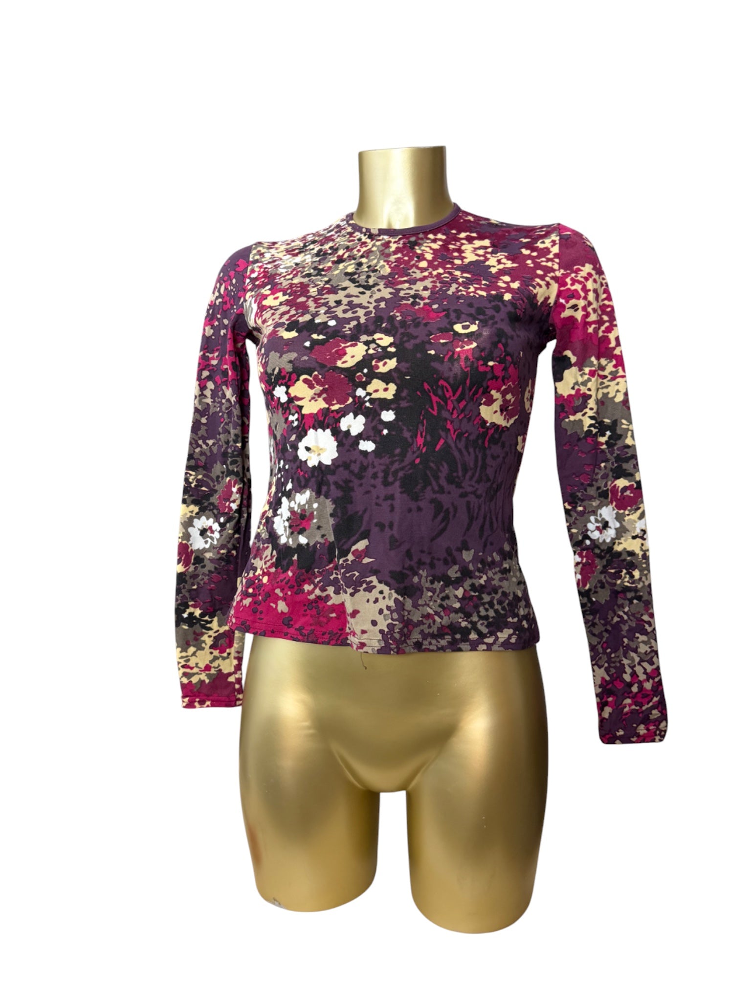 Burgundy floral tight fit long sleeves top (S)