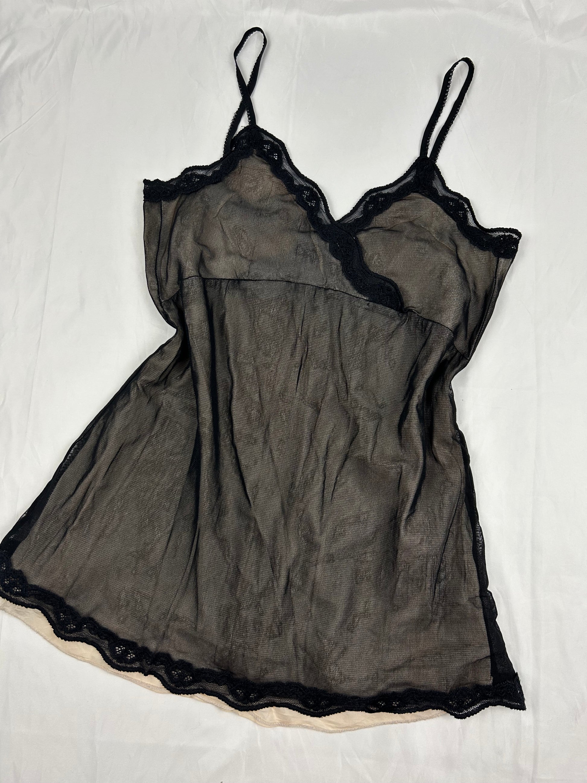 Black 100% real silk lined mesh babydoll mini dress (M/L)