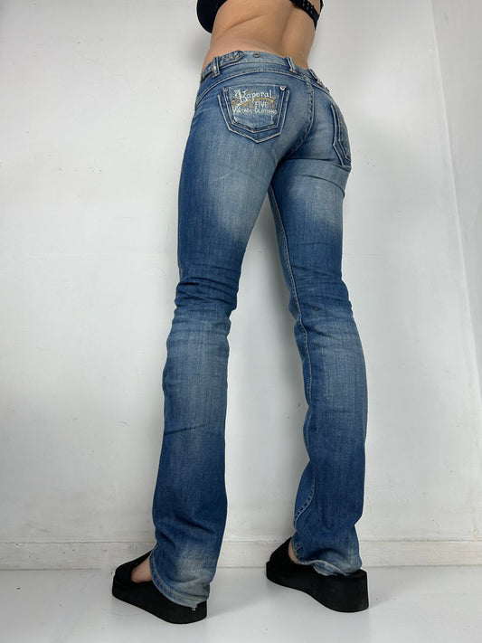 Blue denim low rise straight legs pants (S)