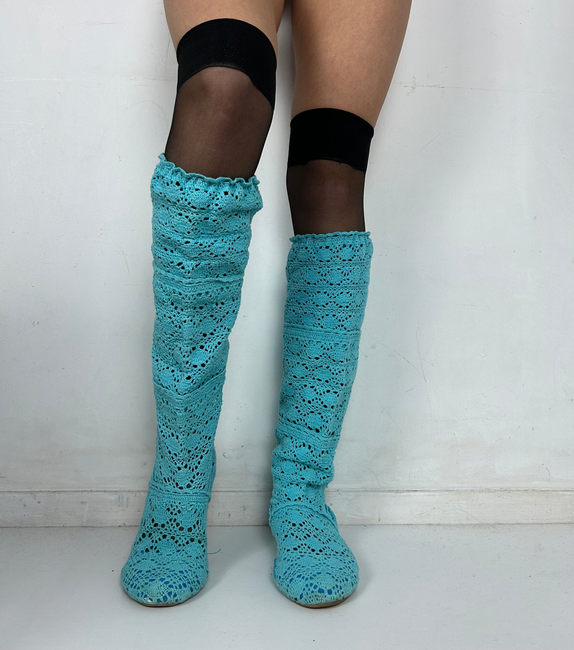 Blue crochet knee high boots (39)