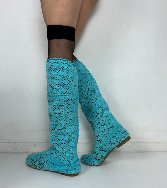 Blue crochet knee high boots (39)