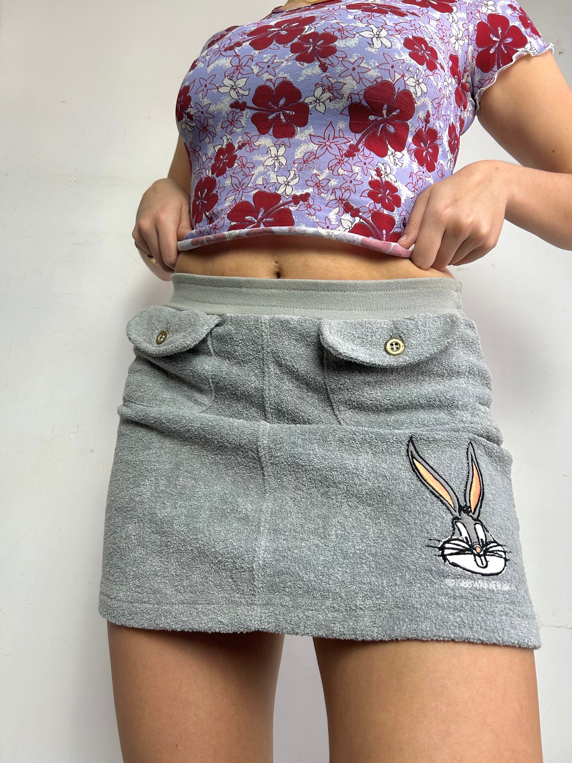 Grey fluffy cartoon low rise mini skirt 90s y2k vintage (S)