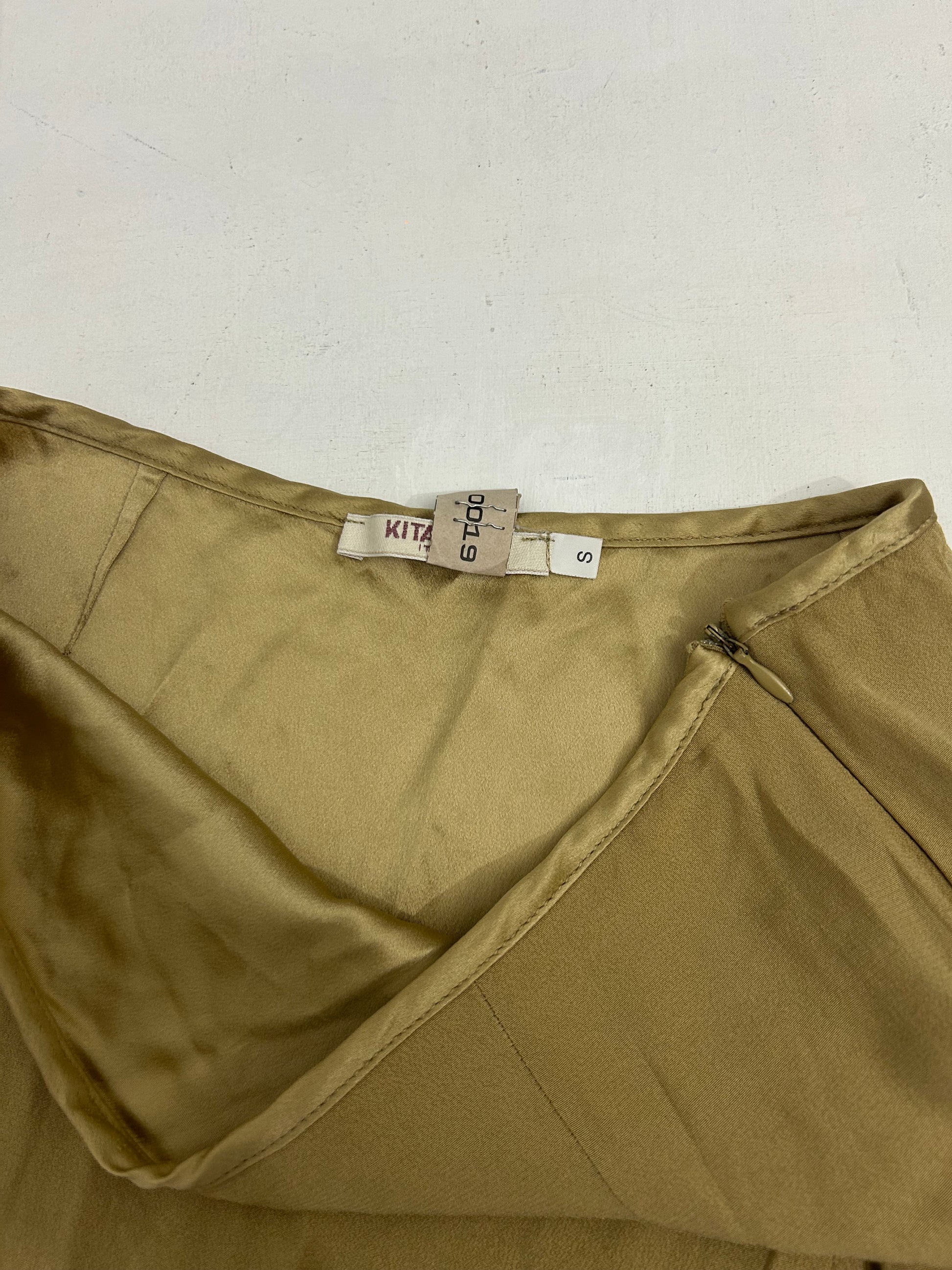 Beige silk effect split hem mid skirt (S)