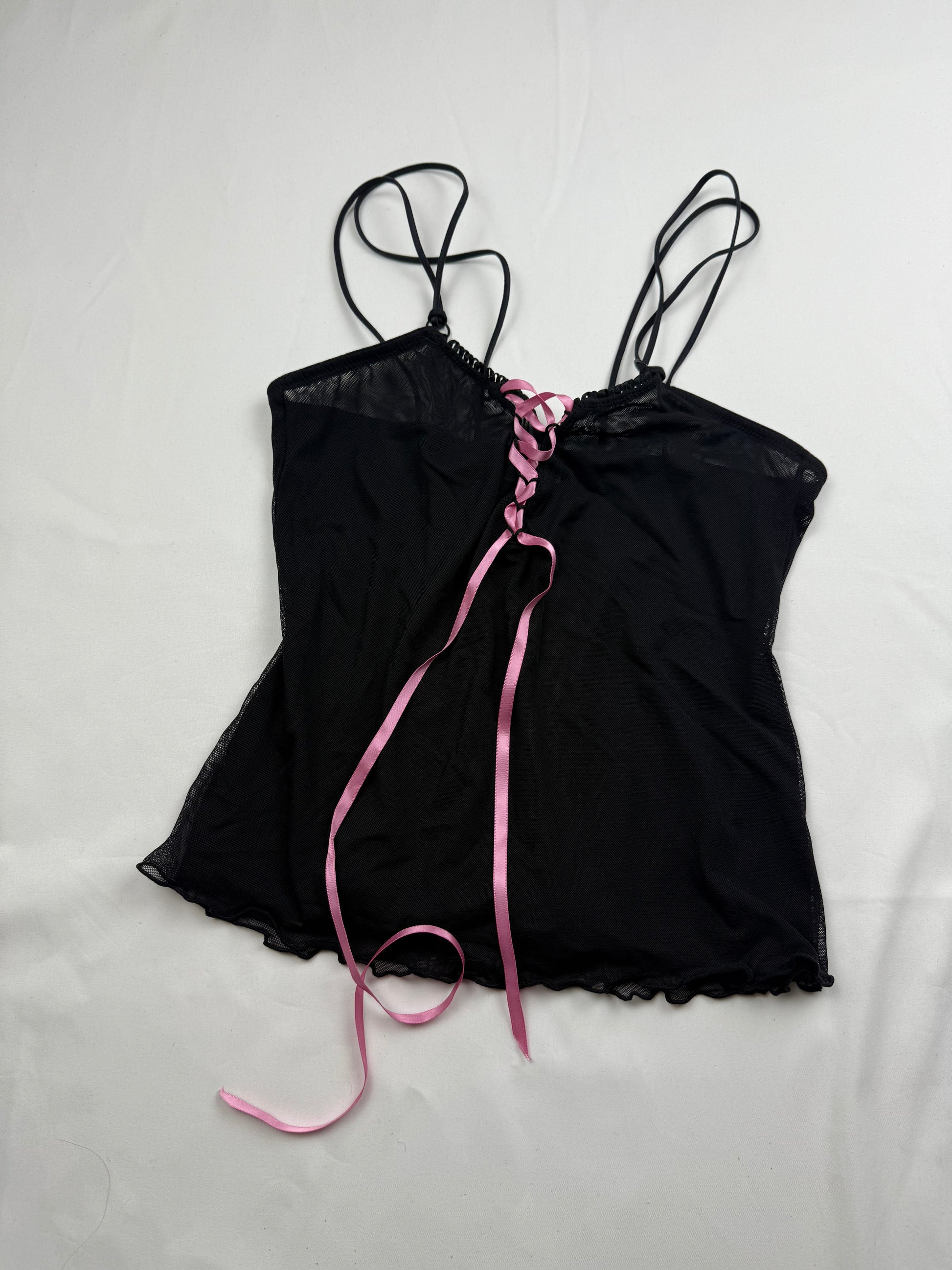 Black & pink mesh lined lace up babydoll cami top (S)