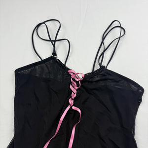 Black & pink mesh lined lace up babydoll cami top (S)