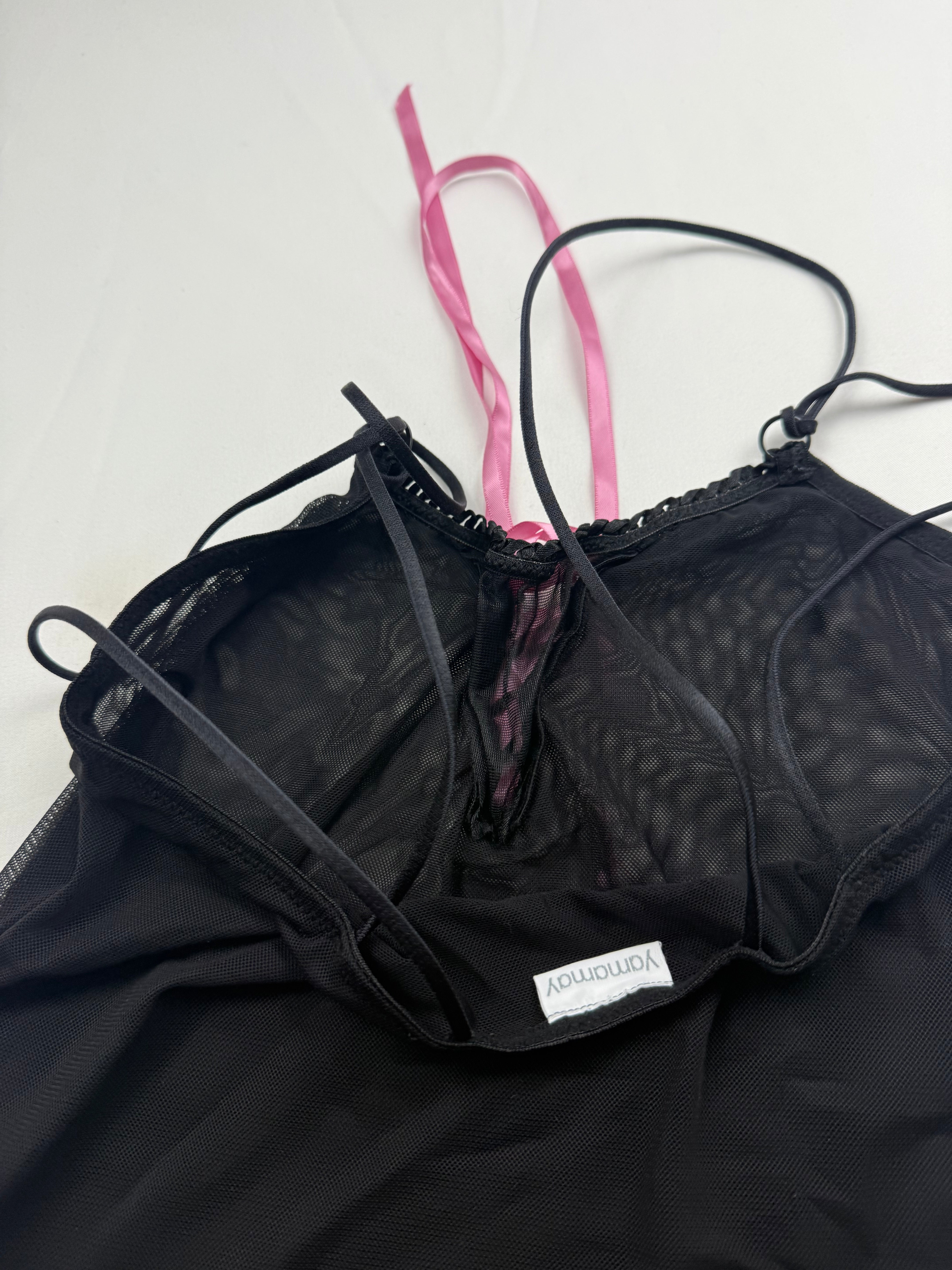 Black & pink mesh lined lace up babydoll cami top (S)