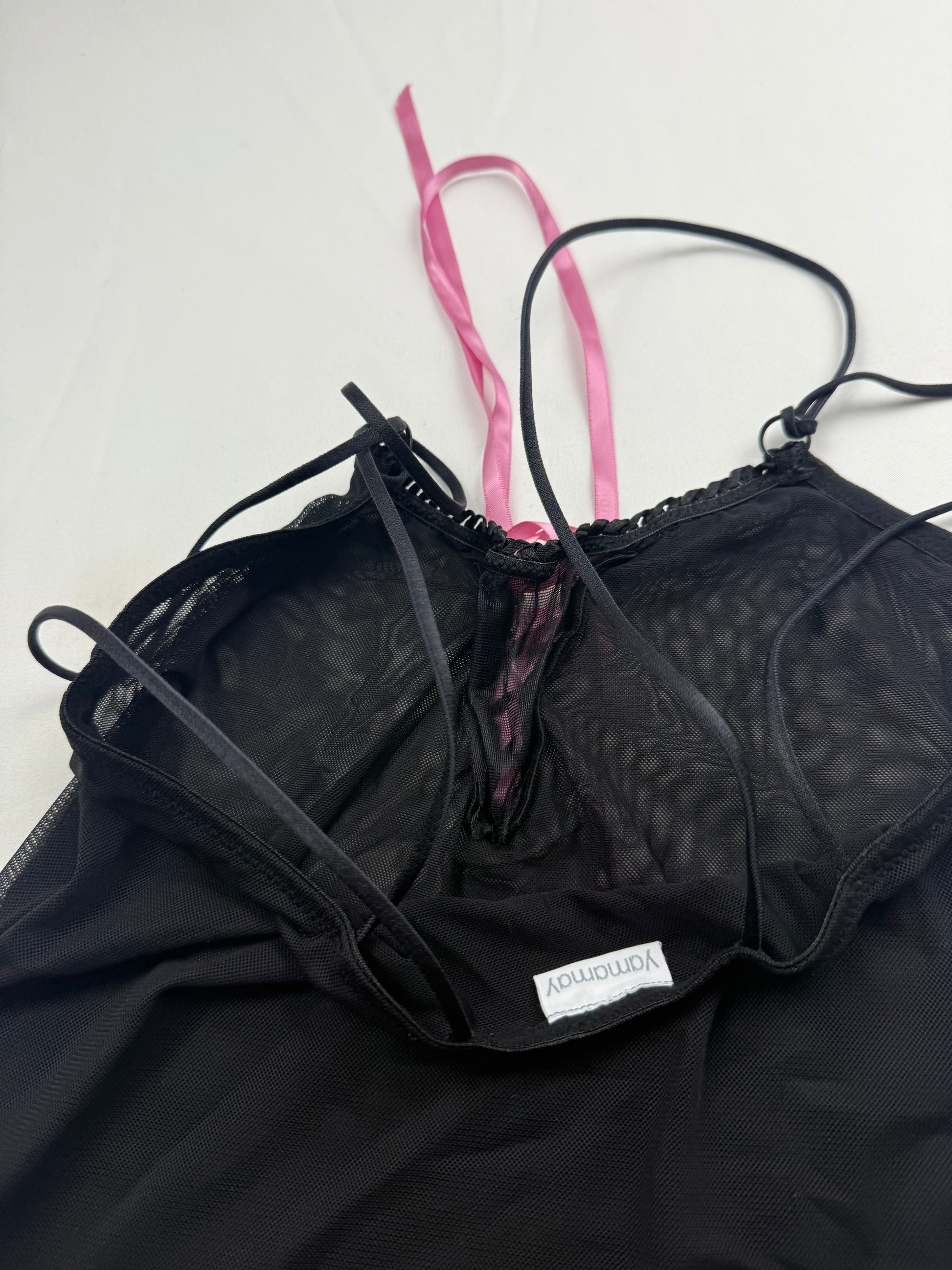 Black & pink mesh lined lace up babydoll cami top (S)